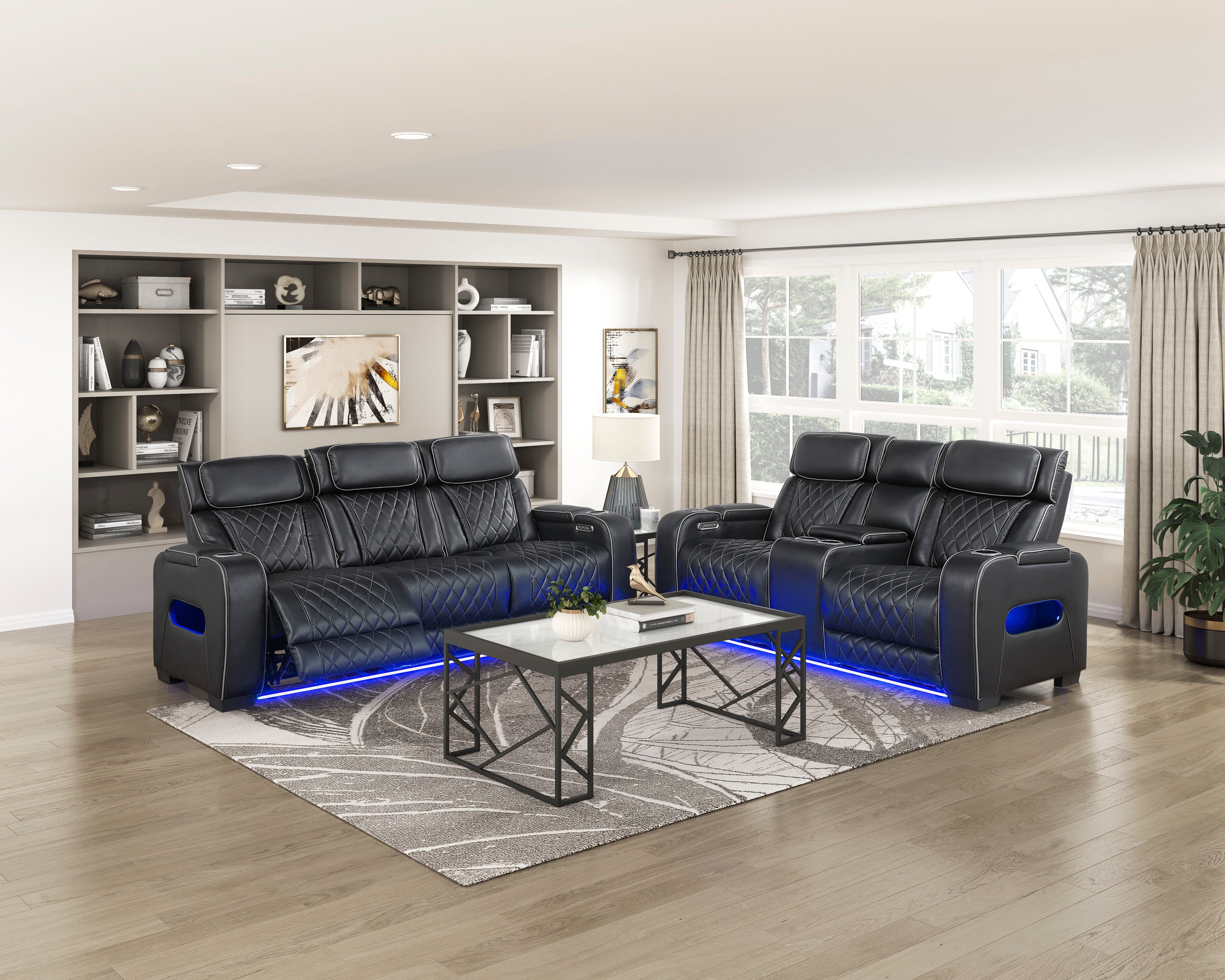 9516BLK-3PWH Power Double Reclining Sofa with Center Drop-Down Cup Holders, Power Headrests, Storage Arms(Top and Side), Cup holders and Reading Lights, Two Wireless Chargers, Charging Ports and LED Lighting - 9516BLK-3PWH