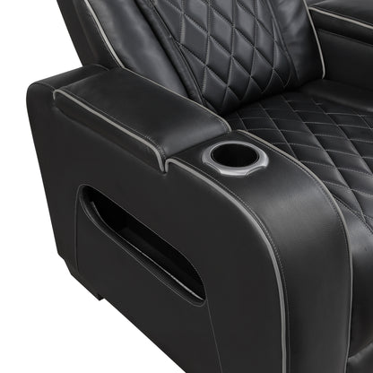 9516BLK-3PWH Power Double Reclining Sofa with Center Drop-Down Cup Holders, Power Headrests, Storage Arms(Top and Side), Cup holders and Reading Lights, Two Wireless Chargers, Charging Ports and LED Lighting - 9516BLK-3PWH
