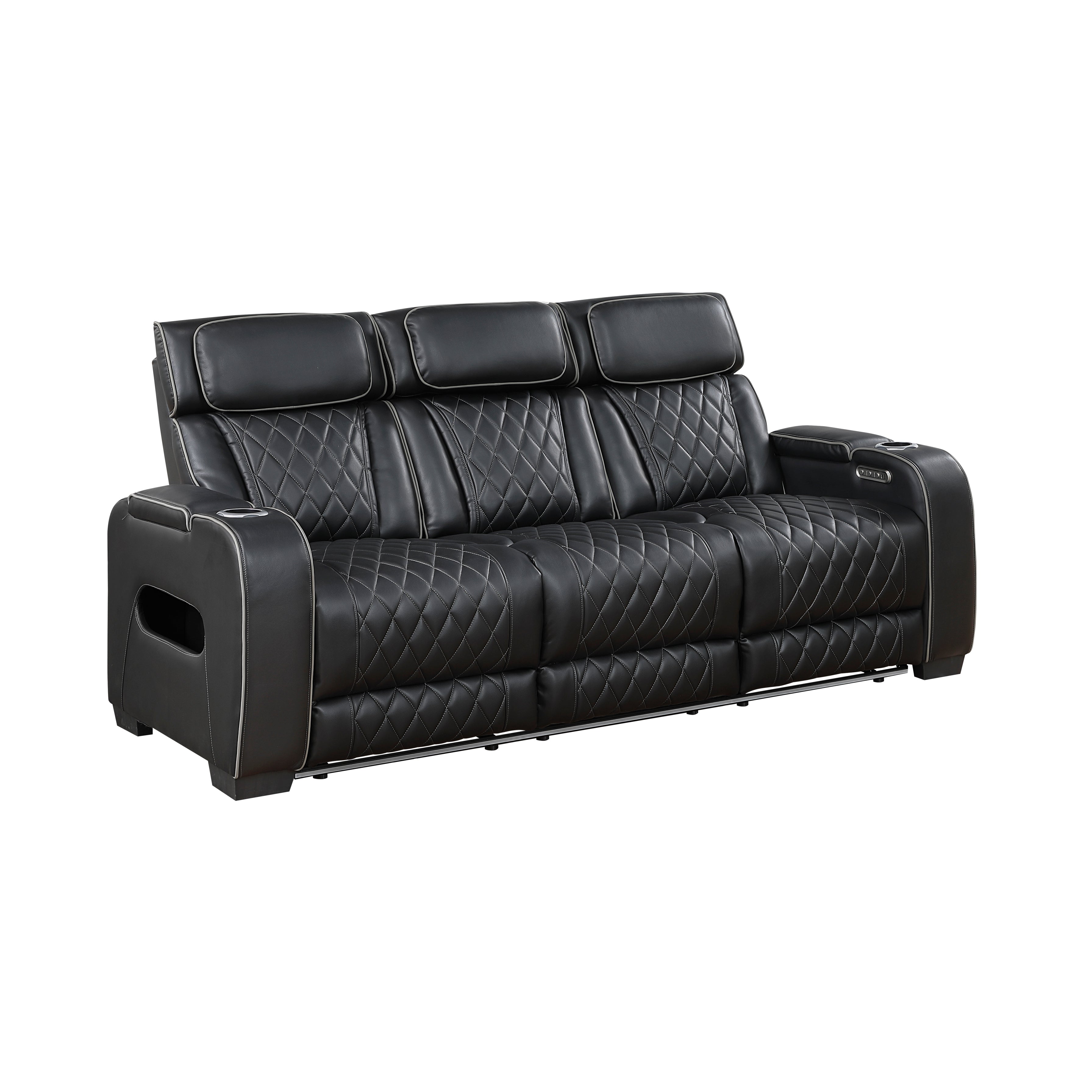 9516BLK-3PWH Power Double Reclining Sofa with Center Drop-Down Cup Holders, Power Headrests, Storage Arms(Top and Side), Cup holders and Reading Lights, Two Wireless Chargers, Charging Ports and LED Lighting - 9516BLK-3PWH