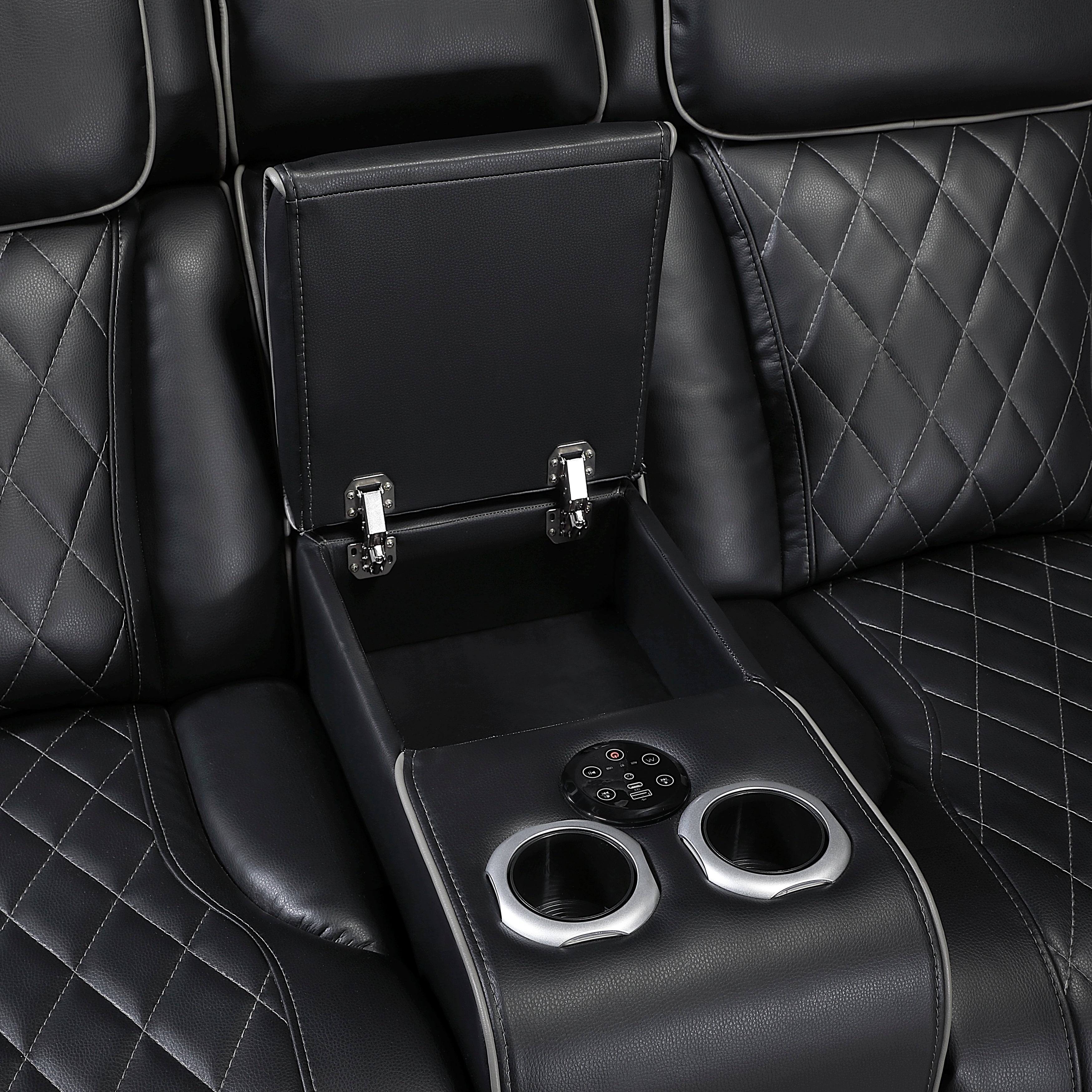 9516BLKS*32LCN2RCNPWH (3)3-Piece Power Reclining Sectional with Consoles, Power Headrests, Storage Arms(Top and Side), Cup holders, Charging Ports, Wireless speakers and LED lighting - 9516BLKS*32LCN2RCNPWH