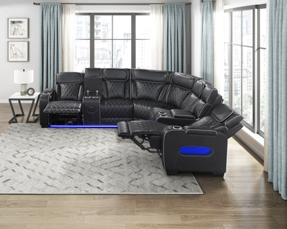 9516BLKS*32LCN2RCNPWH (3)3-Piece Power Reclining Sectional with Consoles, Power Headrests, Storage Arms(Top and Side), Cup holders, Charging Ports, Wireless speakers and LED lighting - 9516BLKS*32LCN2RCNPWH
