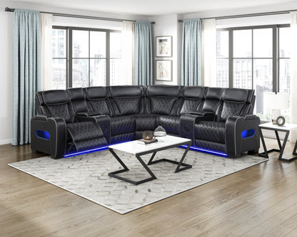 9516BLKS*32LCN2RCNPWH (3)3-Piece Power Reclining Sectional with Consoles, Power Headrests, Storage Arms(Top and Side), Cup holders, Charging Ports, Wireless speakers and LED lighting - 9516BLKS*32LCN2RCNPWH