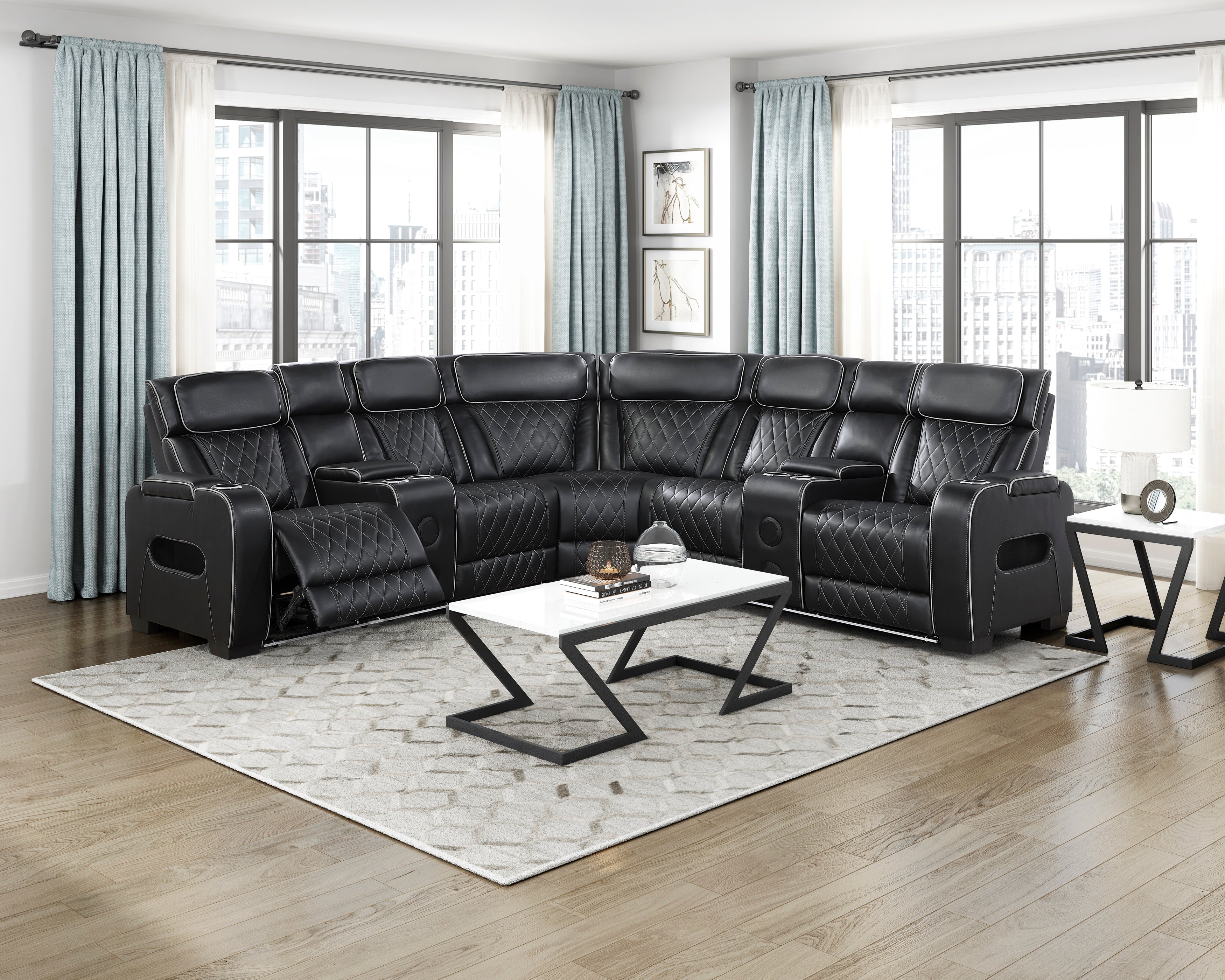 9516BLKS*32LCN2RCNPWH (3)3-Piece Power Reclining Sectional with Consoles, Power Headrests, Storage Arms(Top and Side), Cup holders, Charging Ports, Wireless speakers and LED lighting - 9516BLKS*32LCN2RCNPWH