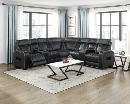 9516BLKS*32LCN2RCNPWH (3)3-Piece Power Reclining Sectional with Consoles, Power Headrests, Storage Arms(Top and Side), Cup holders, Charging Ports, Wireless speakers and LED lighting - 9516BLKS*32LCN2RCNPWH