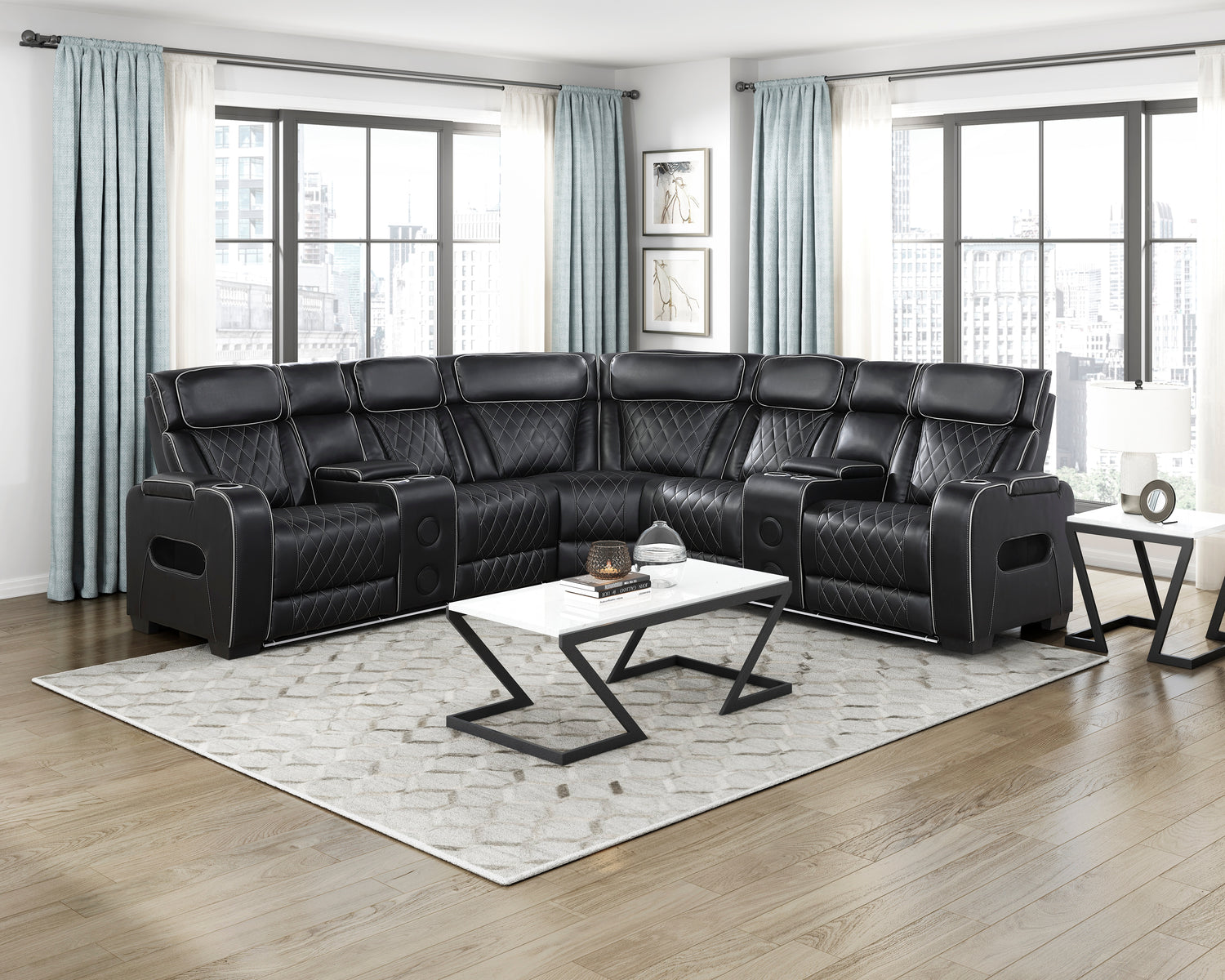 9516BLKS*32LCN2RCNPWH (3)3-Piece Power Reclining Sectional with Consoles, Power Headrests, Storage Arms(Top and Side), Cup holders, Charging Ports, Wireless speakers and LED lighting - 9516BLKS*32LCN2RCNPWH