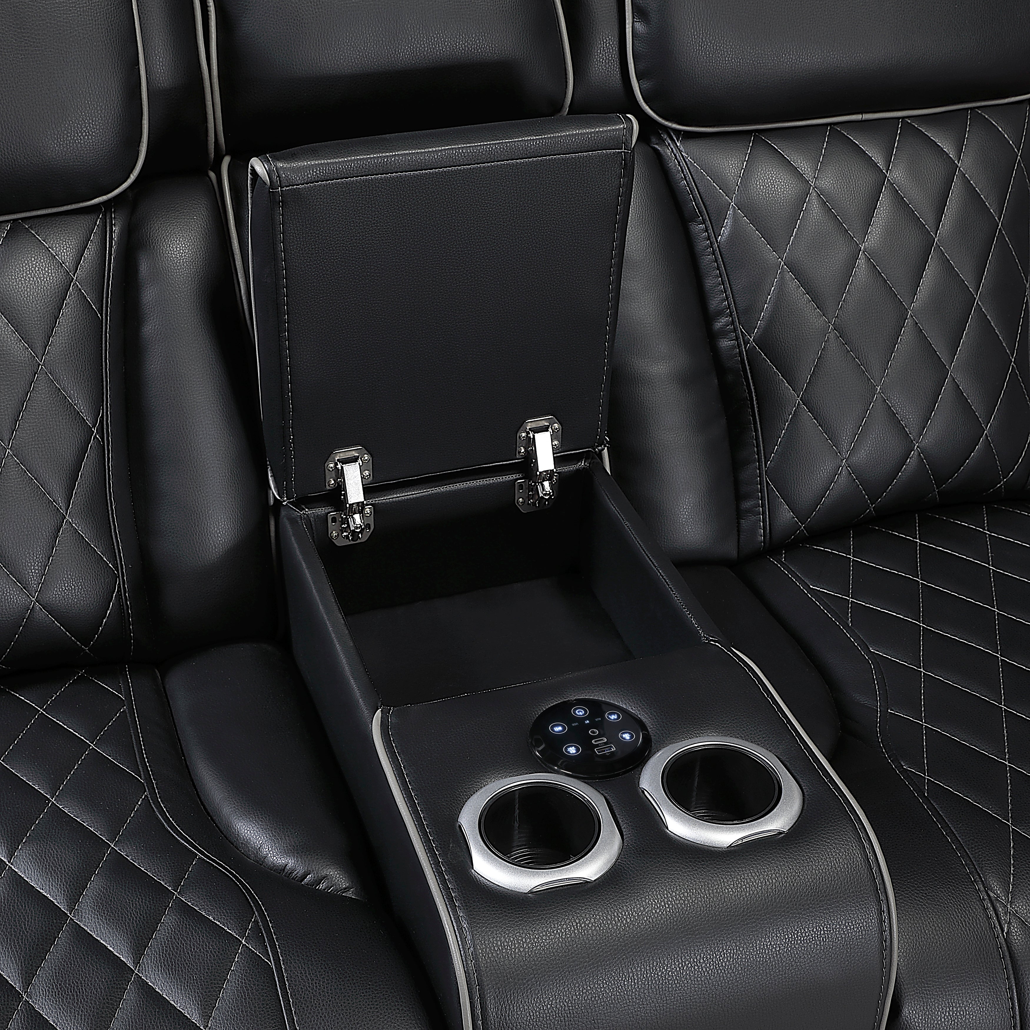9516BLKS*32LCN2RCNPWH (3)3-Piece Power Reclining Sectional with Consoles, Power Headrests, Storage Arms(Top and Side), Cup holders, Charging Ports, Wireless speakers and LED lighting - 9516BLKS*32LCN2RCNPWH