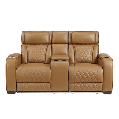 9516BRW-2PWH Power Double Reclining Love Seat with Center Console, Power Headrests, Storage Arms(Top and Side), Cup holders, Charging Ports and LED lighting - 9516BRW-2PWH