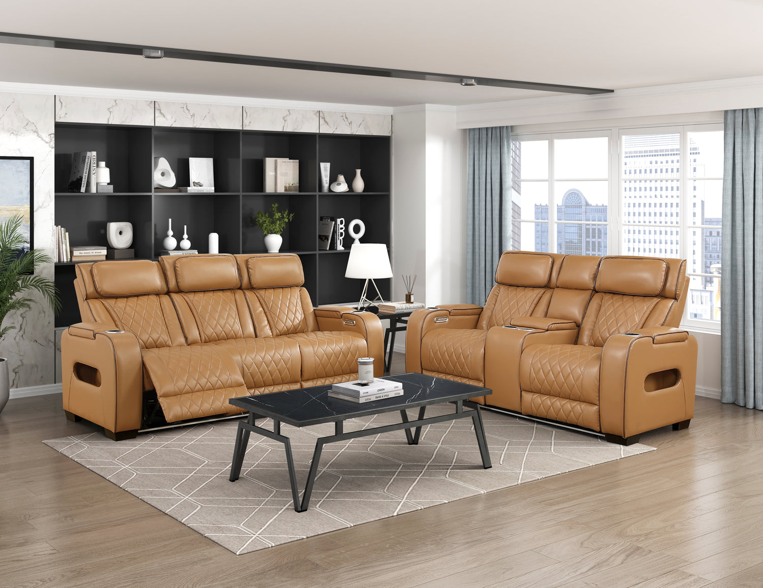 9516BRW-2PWH Power Double Reclining Love Seat with Center Console, Power Headrests, Storage Arms(Top and Side), Cup holders, Charging Ports and LED lighting - 9516BRW-2PWH