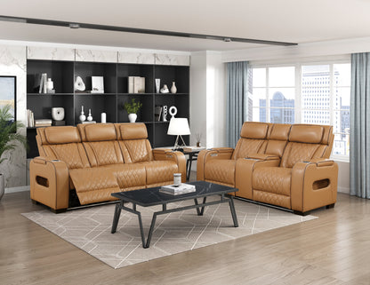 9516BRW-2PWH Power Double Reclining Love Seat with Center Console, Power Headrests, Storage Arms(Top and Side), Cup holders, Charging Ports and LED lighting - 9516BRW-2PWH
