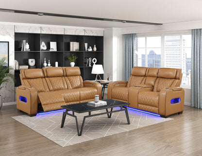 9516BRW-2PWH Power Double Reclining Love Seat with Center Console, Power Headrests, Storage Arms(Top and Side), Cup holders, Charging Ports and LED lighting - 9516BRW-2PWH