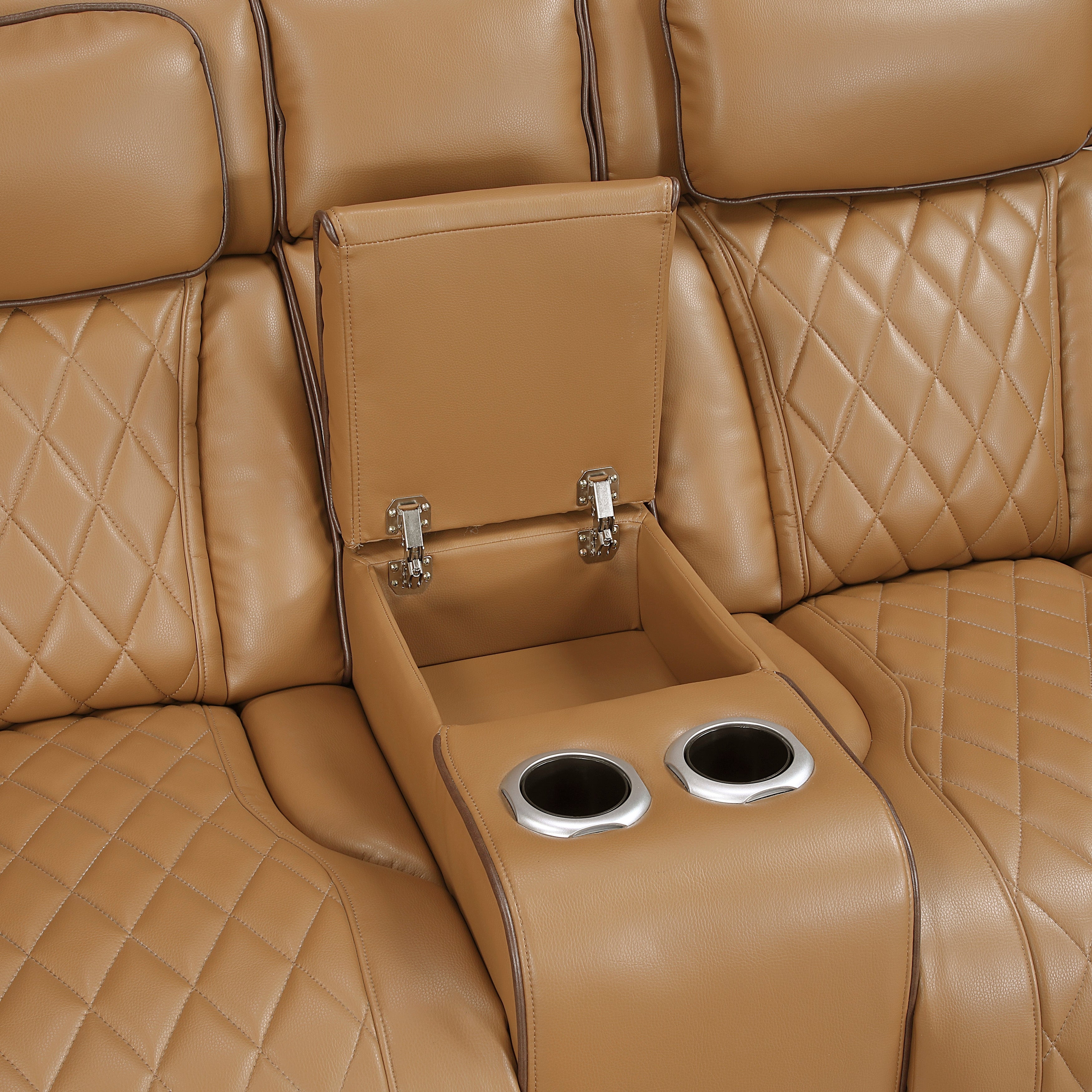 9516BRW-2PWH Power Double Reclining Love Seat with Center Console, Power Headrests, Storage Arms(Top and Side), Cup holders, Charging Ports and LED lighting - 9516BRW-2PWH