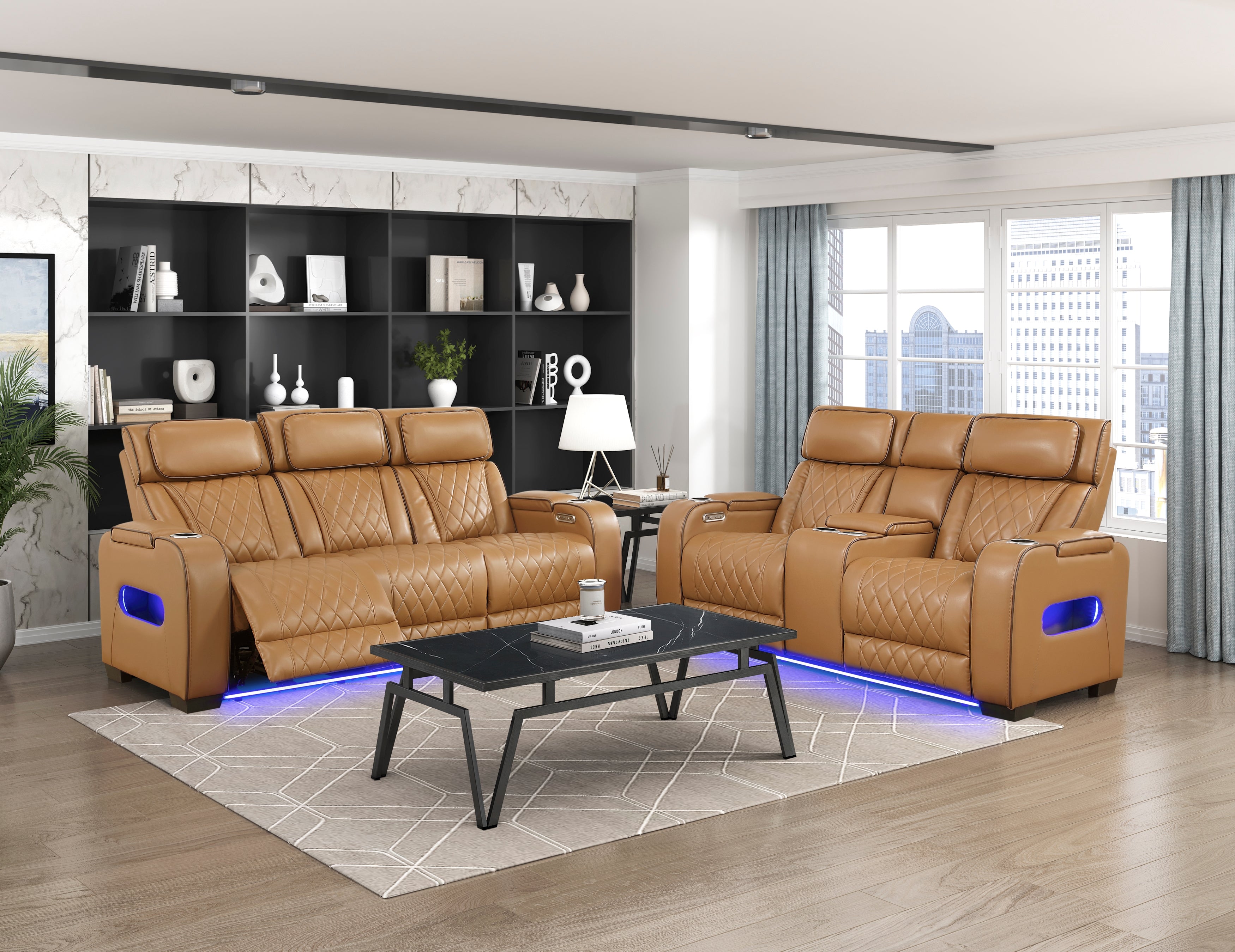 9516BRW-3PWH Power Double Reclining Sofa with Center Drop-Down Cup Holders, Power Headrests, Storage Arms(Top and Side), Cup holders and Reading Lights, Two Wireless Chargers, Charging Ports and LED Lighting - 9516BRW-3PWH