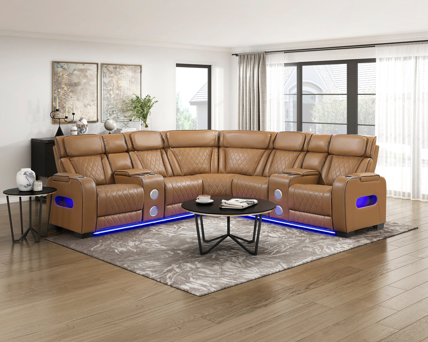 9516BRWS*32LCN2RCNPWH (3)3-Piece Power Reclining Sectional with Consoles, Power Headrests, Storage Arms(Top and Side), Cup holders, Charging Ports, Wireless speakers and LED lighting - 9516BRWS*32LCN2RCNPWH