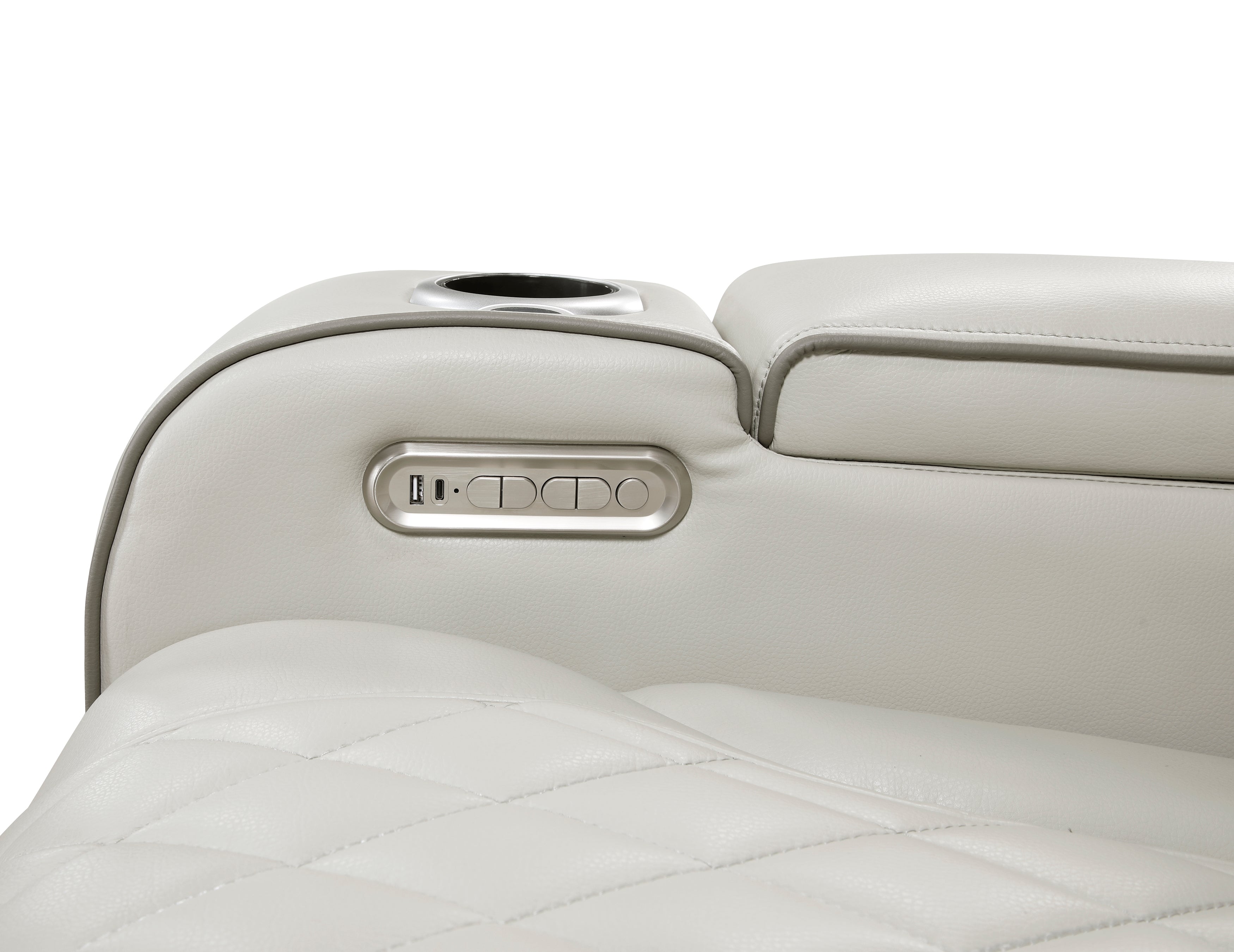 9516TPE-3PWH Power Double Reclining Sofa with Center Drop-Down Cup Holders, Power Headrests, Storage Arms(Top and Side), Cup holders and Reading Lights, Two Wireless Chargers, Charging Ports and LED Lighting - 9516TPE-3PWH