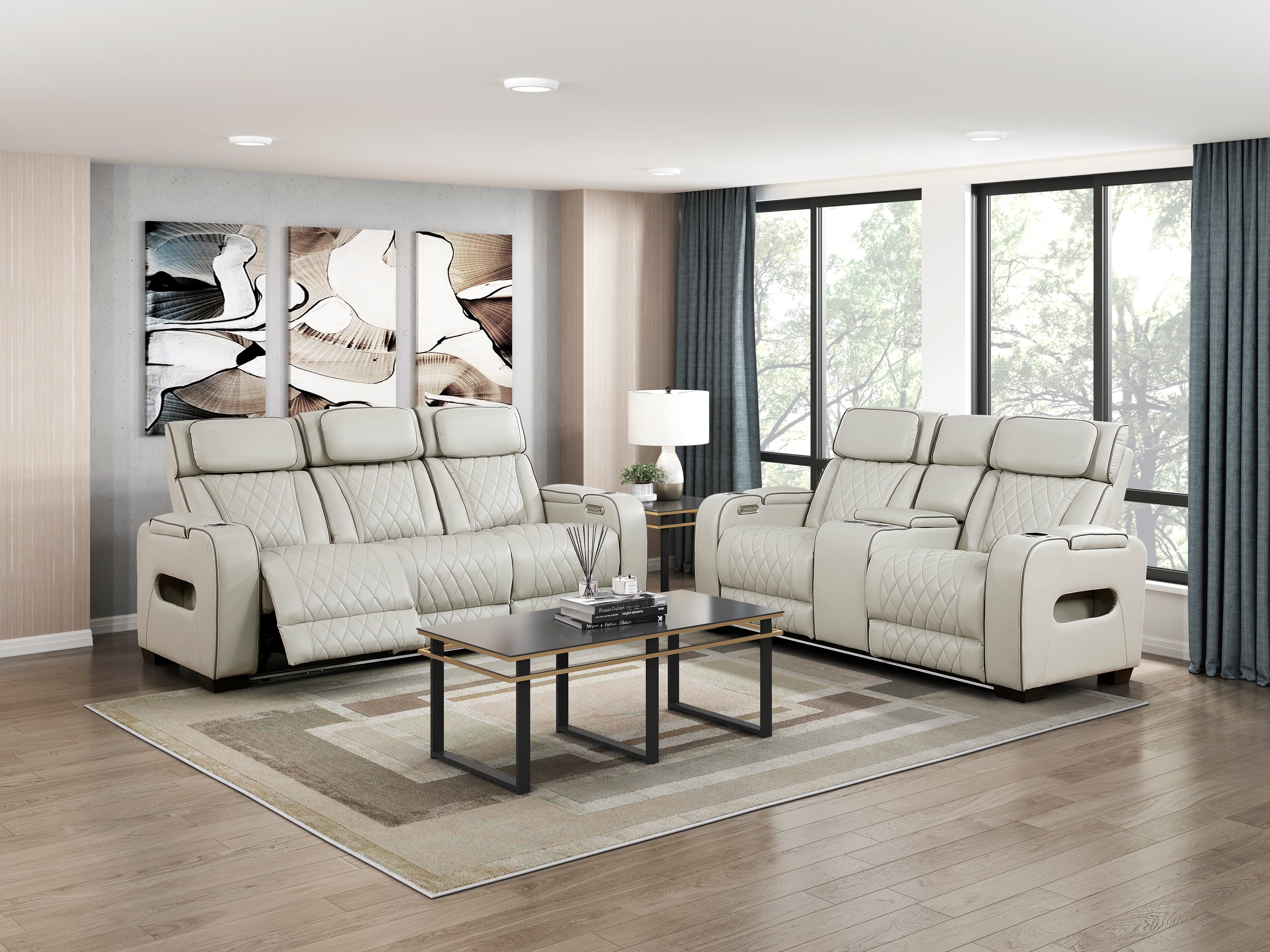 9516TPE-3PWH Power Double Reclining Sofa with Center Drop-Down Cup Holders, Power Headrests, Storage Arms(Top and Side), Cup holders and Reading Lights, Two Wireless Chargers, Charging Ports and LED Lighting - 9516TPE-3PWH