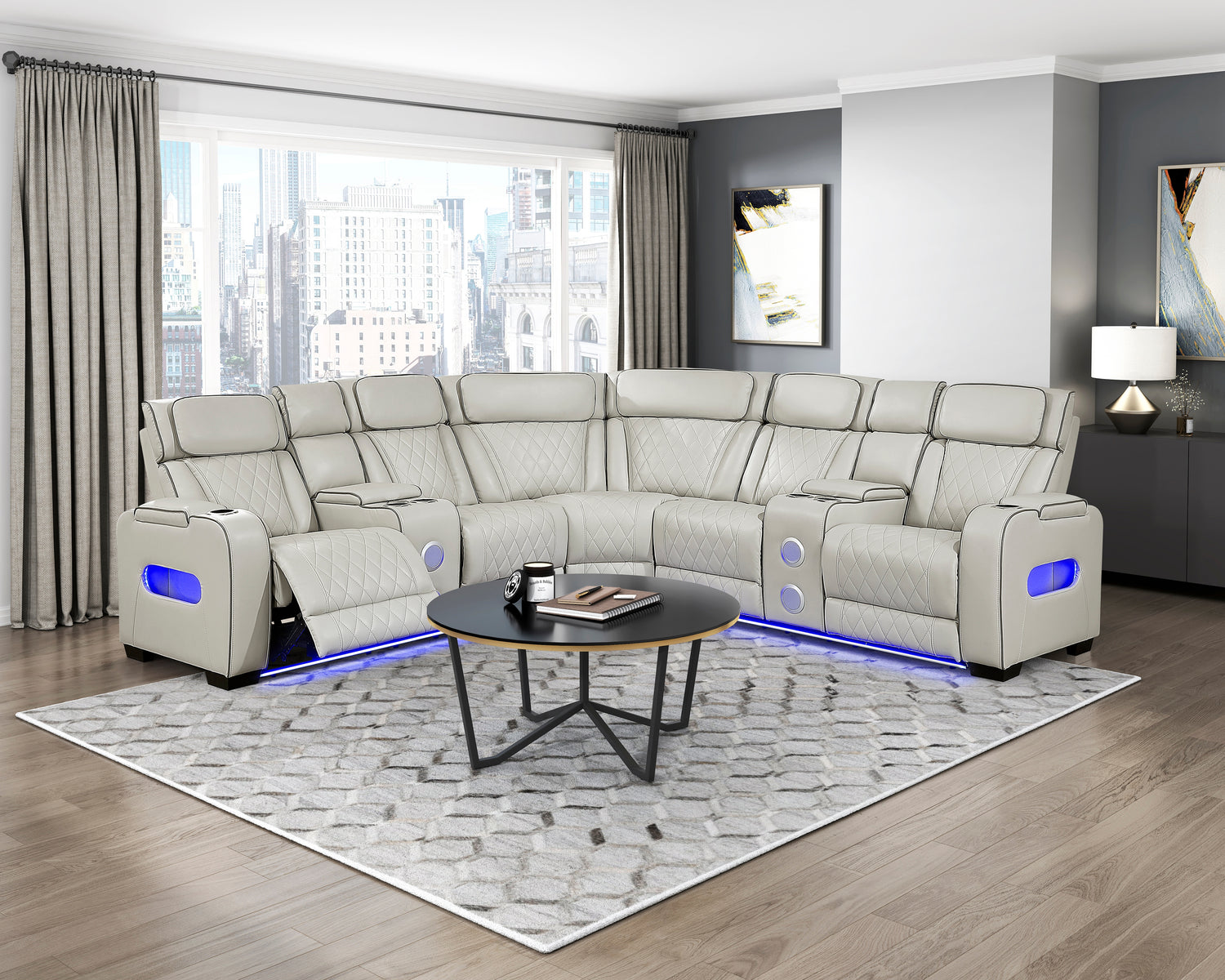 9516TPES*32LCN2RCNPWH (3)3-Piece Power Reclining Sectional with Consoles, Power Headrests, Storage Arms(Top and Side), Cup holders, Charging Ports, Wireless speakers and LED lighting - 9516TPES*32LCN2RCNPWH