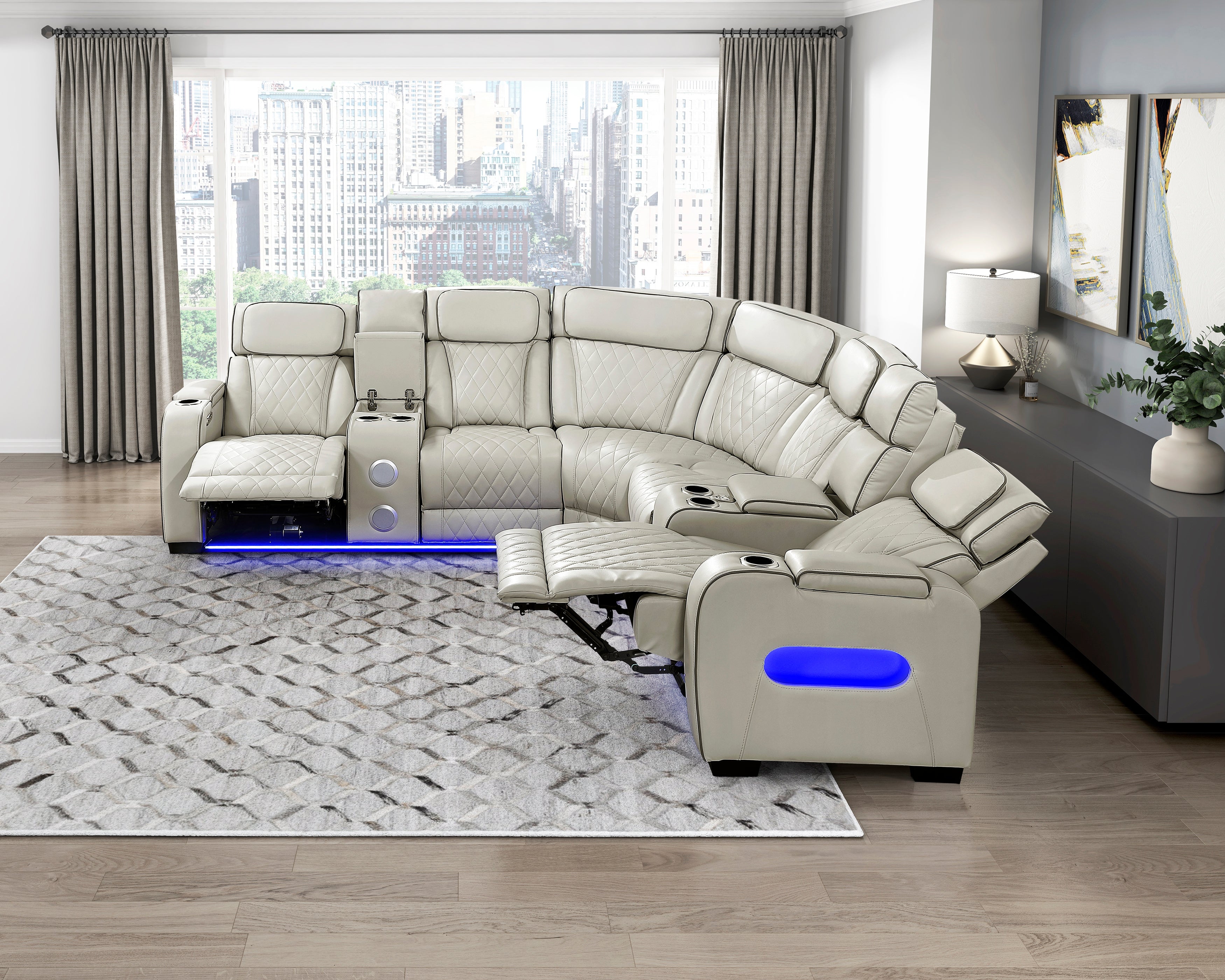 9516TPES*32LCN2RCNPWH (3)3-Piece Power Reclining Sectional with Consoles, Power Headrests, Storage Arms(Top and Side), Cup holders, Charging Ports, Wireless speakers and LED lighting - 9516TPES*32LCN2RCNPWH