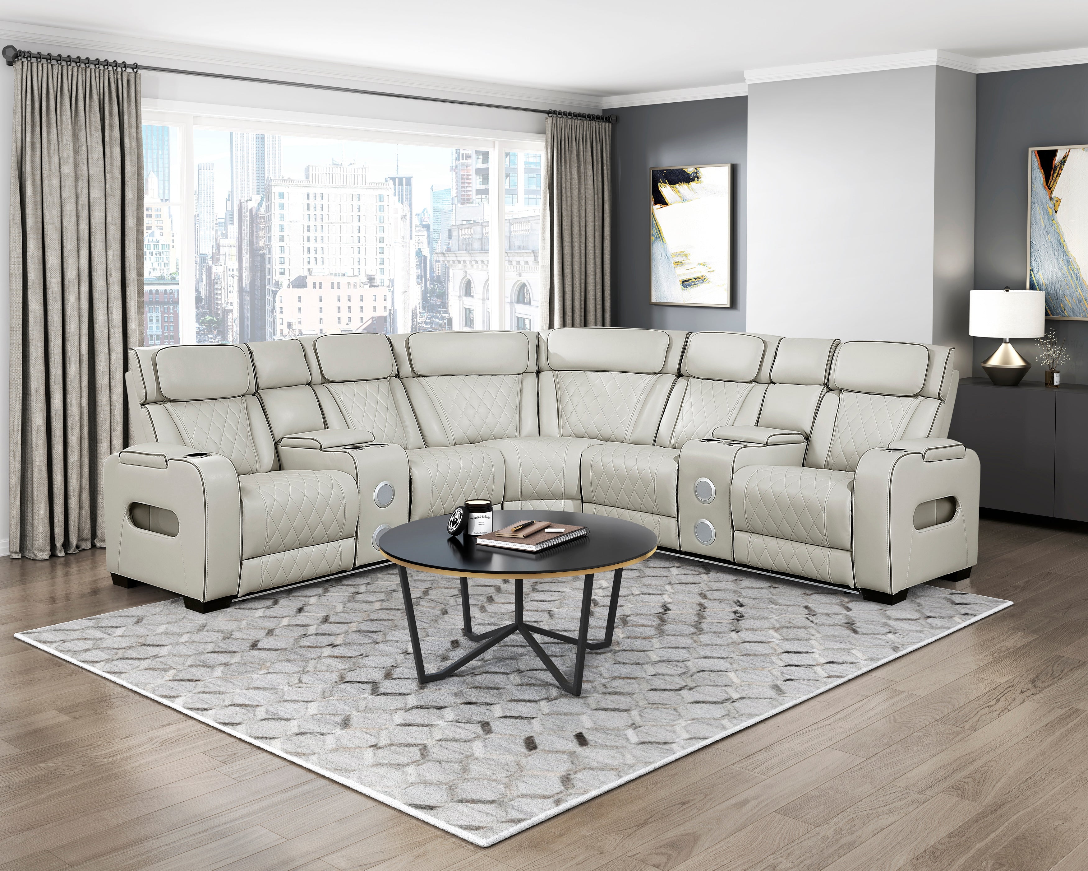 9516TPES*32LCN2RCNPWH (3)3-Piece Power Reclining Sectional with Consoles, Power Headrests, Storage Arms(Top and Side), Cup holders, Charging Ports, Wireless speakers and LED lighting - 9516TPES*32LCN2RCNPWH