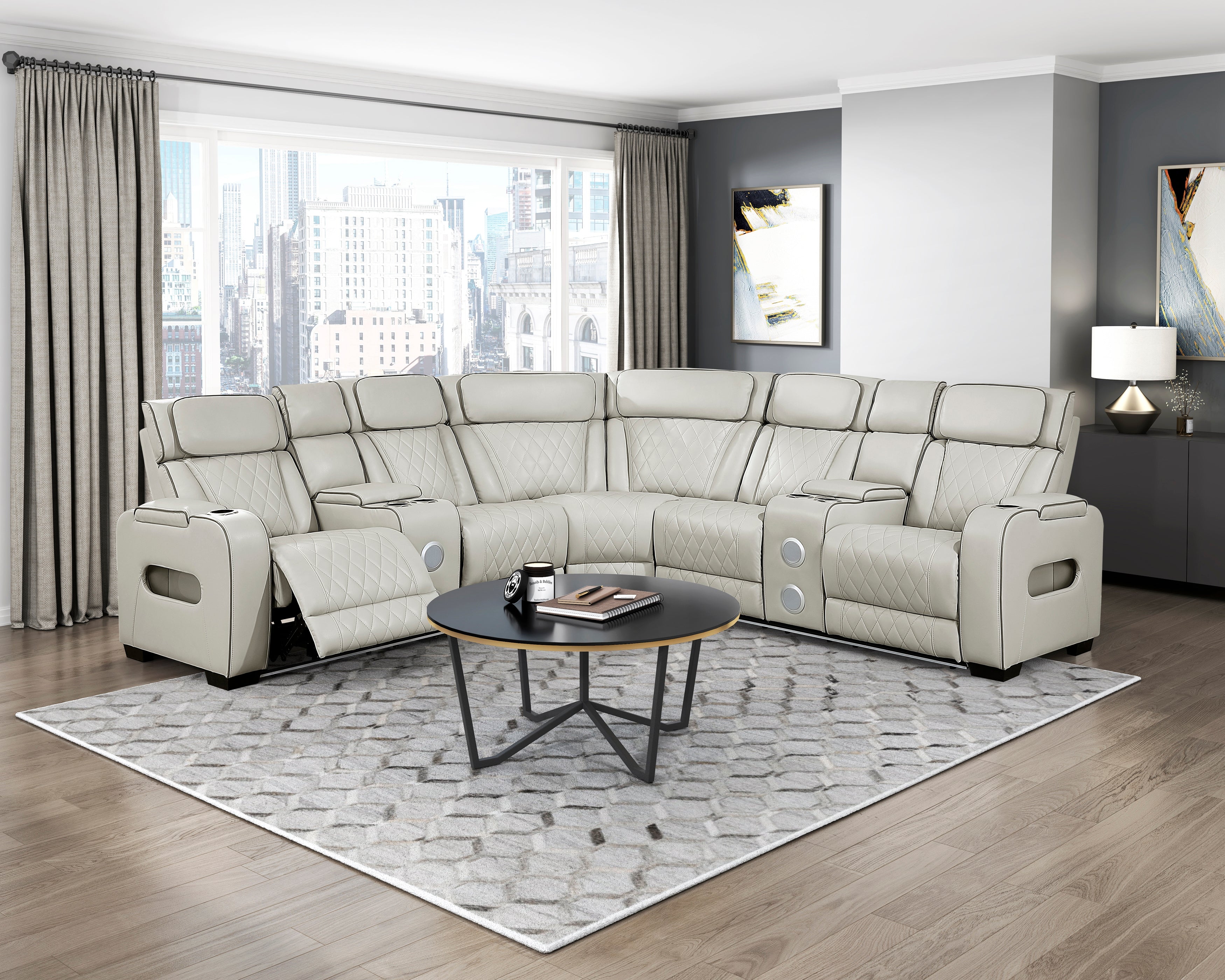 9516TPES*32LCN2RCNPWH (3)3-Piece Power Reclining Sectional with Consoles, Power Headrests, Storage Arms(Top and Side), Cup holders, Charging Ports, Wireless speakers and LED lighting - 9516TPES*32LCN2RCNPWH