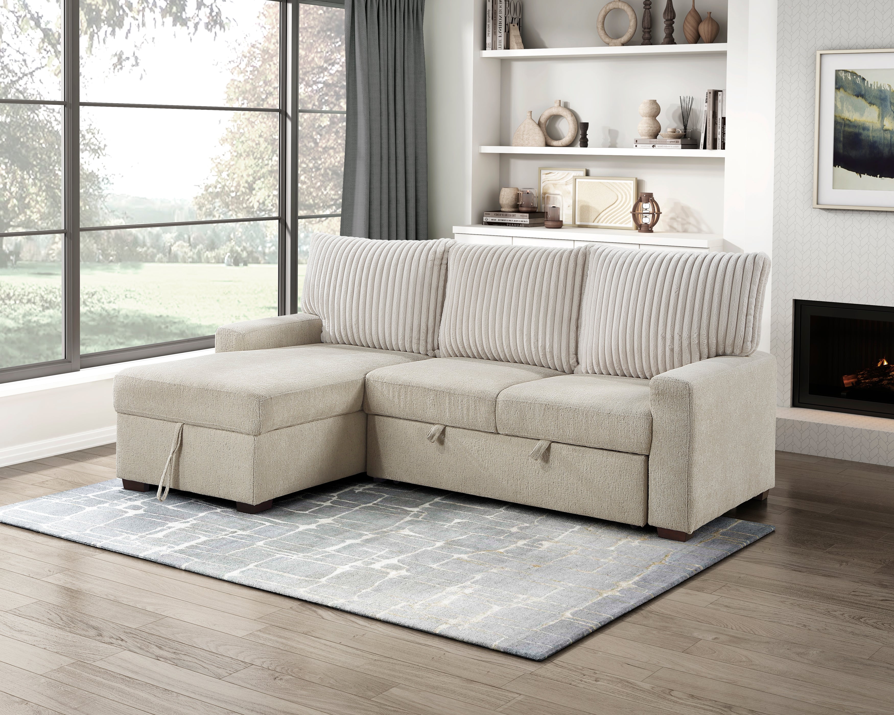 9605BE*2LCRL (2)2-Piece Sectional with Left Chaise and Drop-Down Cup holders, Pull-out Bed and Hidden Storage - 9605BE*2LCRL