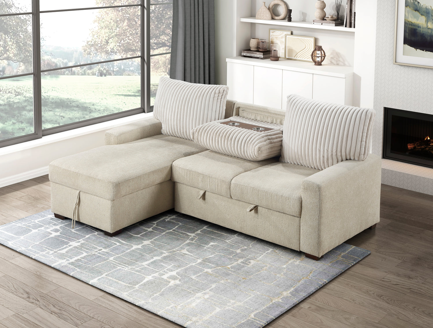 9605BE*2LCRL (2)2-Piece Sectional with Left Chaise and Drop-Down Cup holders, Pull-out Bed and Hidden Storage - 9605BE*2LCRL