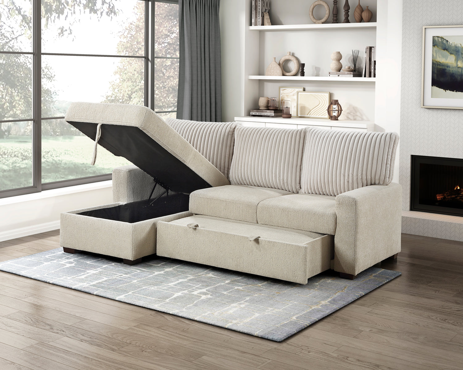 9605BE*2LCRL (2)2-Piece Sectional with Left Chaise and Drop-Down Cup holders, Pull-out Bed and Hidden Storage - 9605BE*2LCRL