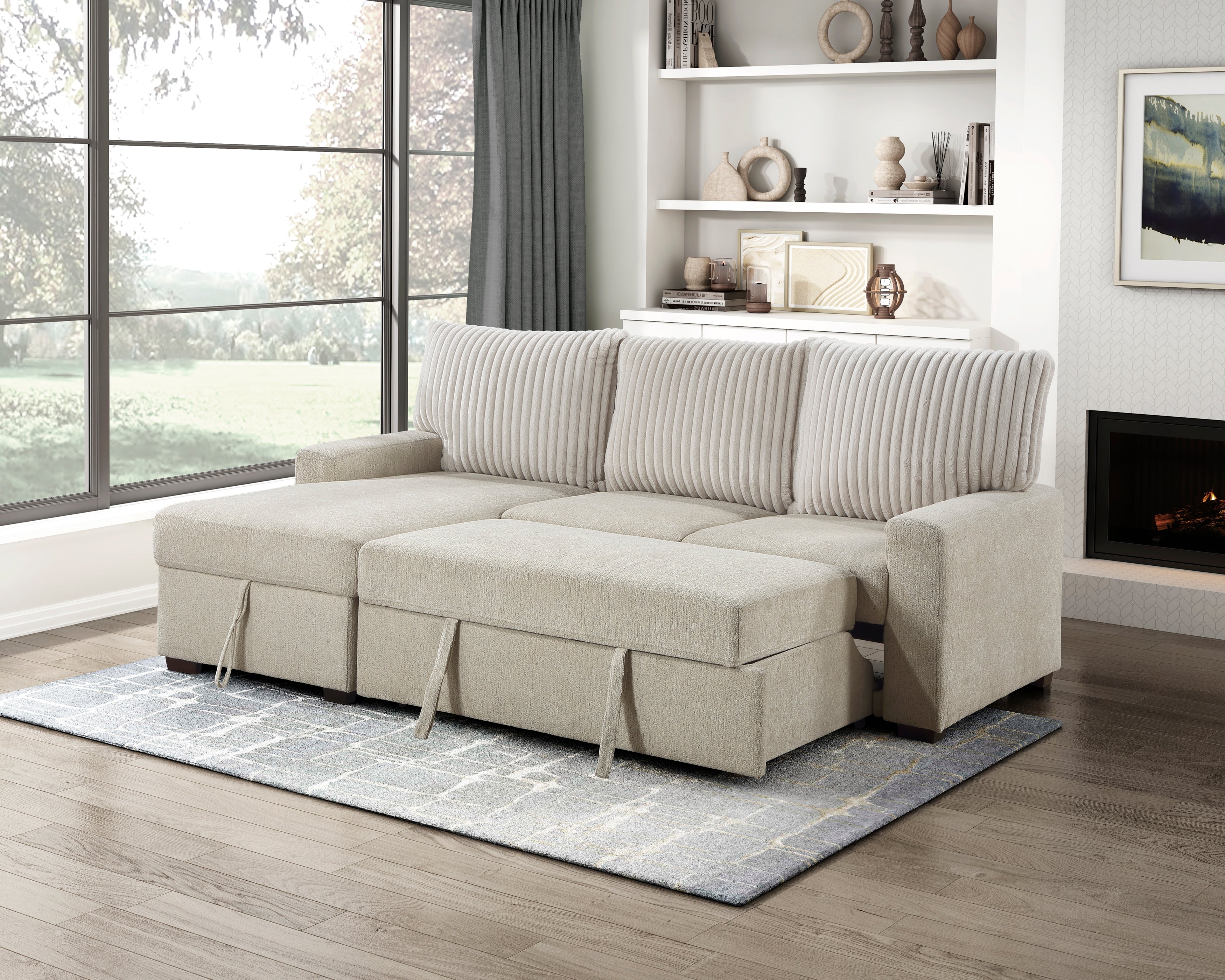 9605BE*2LCRL (2)2-Piece Sectional with Left Chaise and Drop-Down Cup holders, Pull-out Bed and Hidden Storage - 9605BE*2LCRL