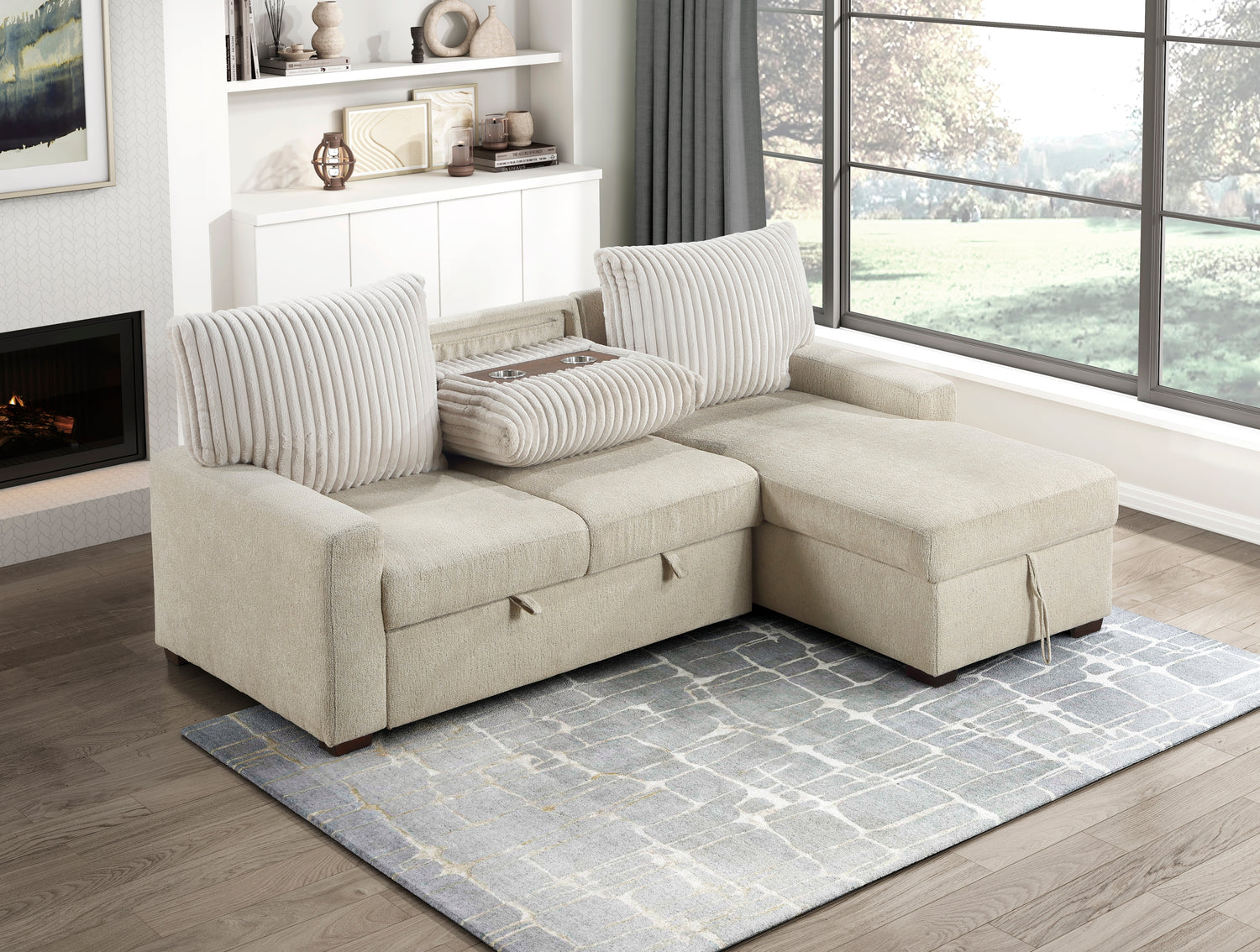 9605BE*2LLRC (2)2-Piece Sectional with Right Chaise and Drop-Down Cup holders, Pull-out Bed and Hidden Storage - 9605BE*2LLRC