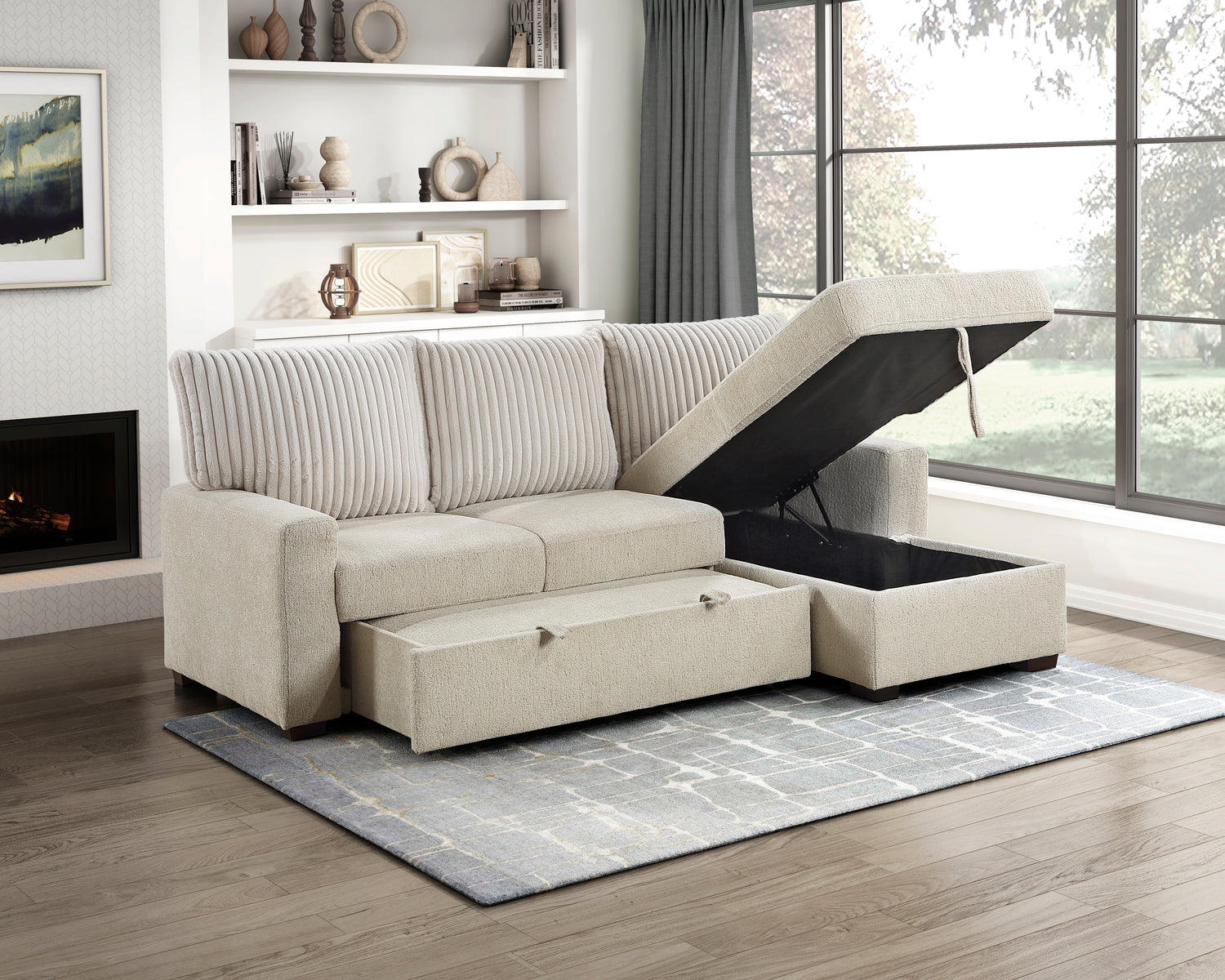 9605BE*2LLRC (2)2-Piece Sectional with Right Chaise and Drop-Down Cup holders, Pull-out Bed and Hidden Storage - 9605BE*2LLRC