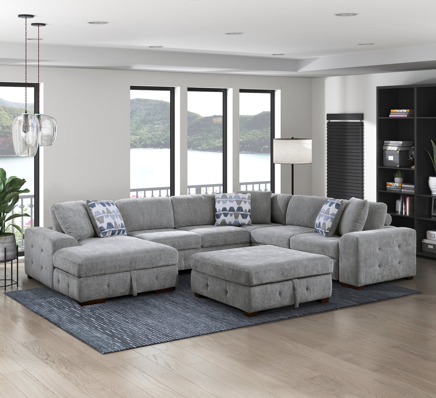 9624GY*5LC2R (5)5-Piece Sectional with Left Chaise and Storage Ottoman - 9624GY*5LC2R