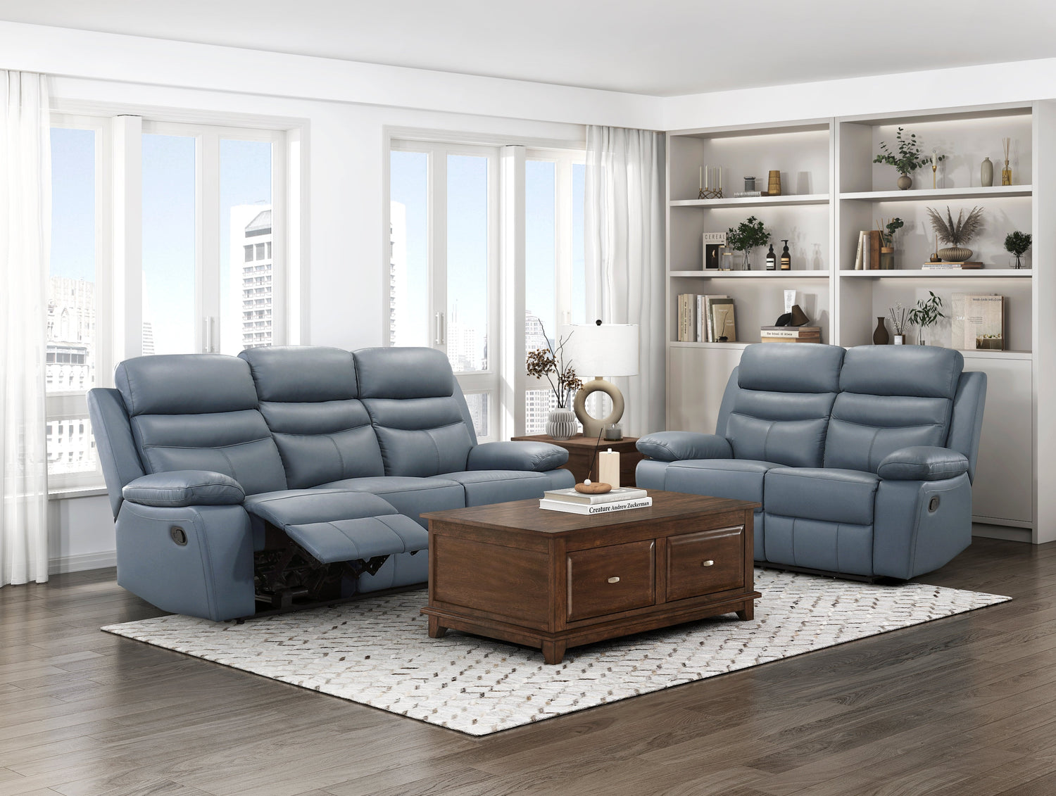 Hancock Blue Leather Double Reclining Living Room Set from Homelegance - Luna Furniture