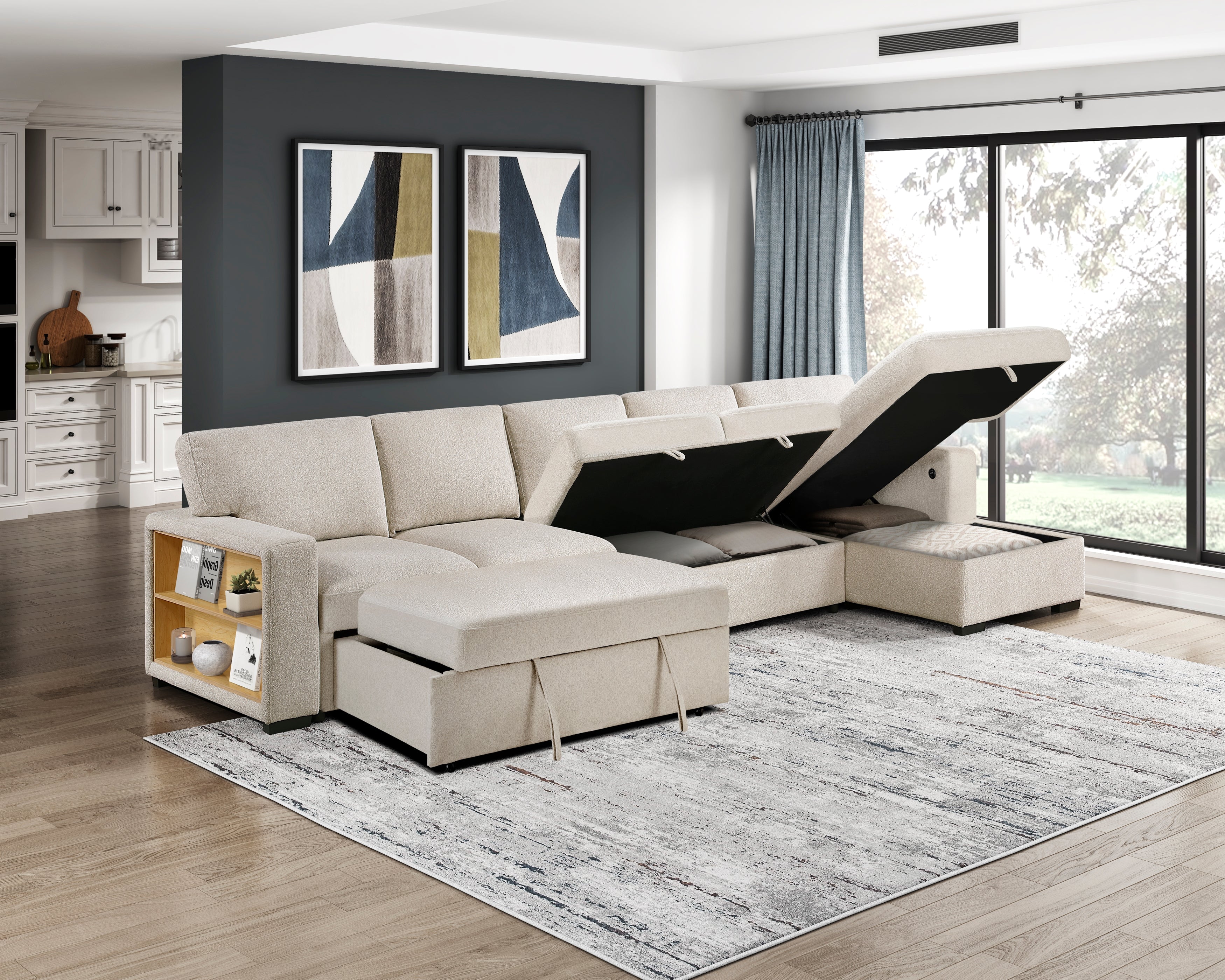 9630BE*32LRC (3)Sectional with Right Chaise, Pull-out Bed and Hidden Storages, Charging Ports - 9630BE*32LRC