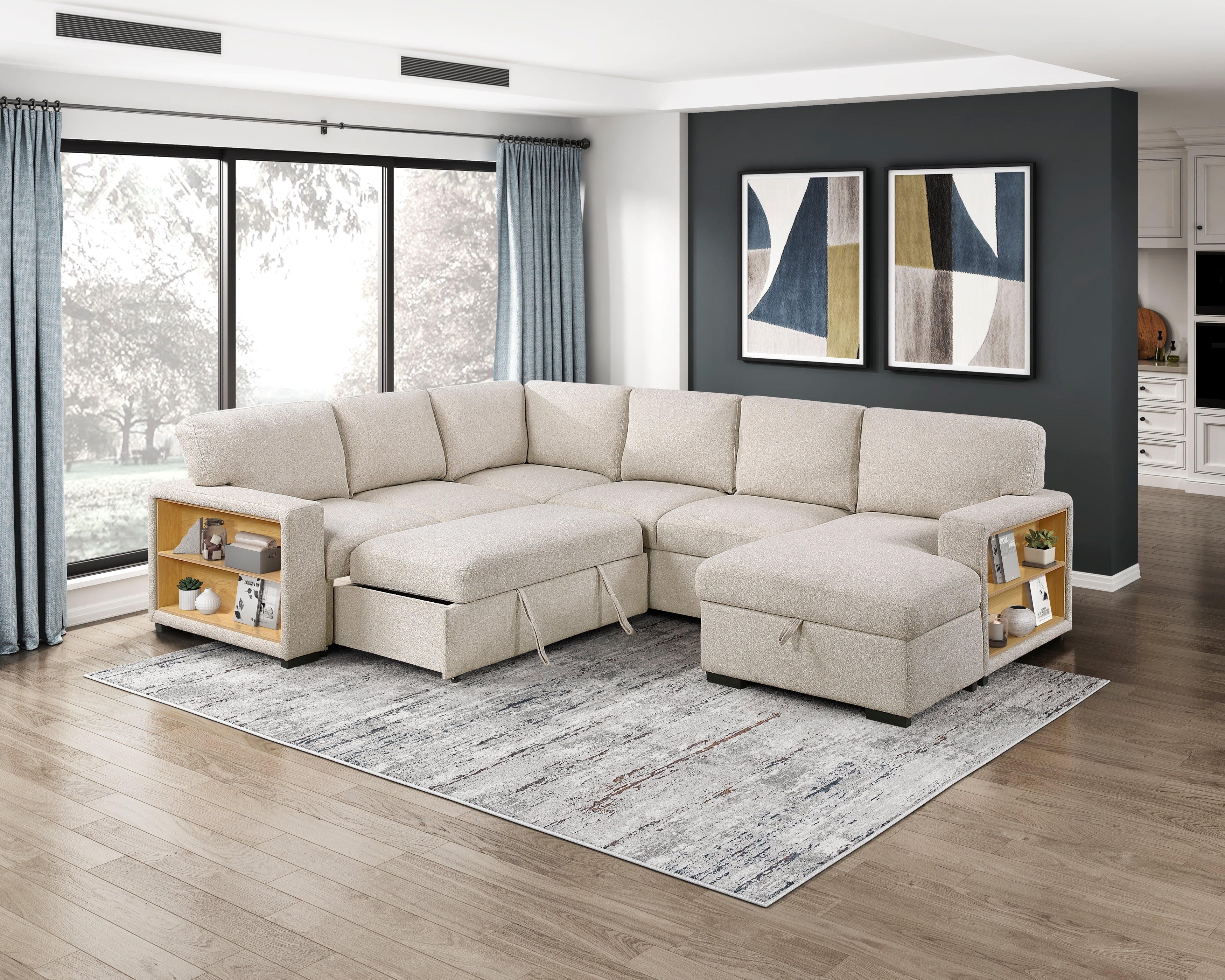 9630BE*42LRC (4)Sectional with Right Chaise, Pull-out Bed and Hidden Storages, Charging Ports - 9630BE*42LRC