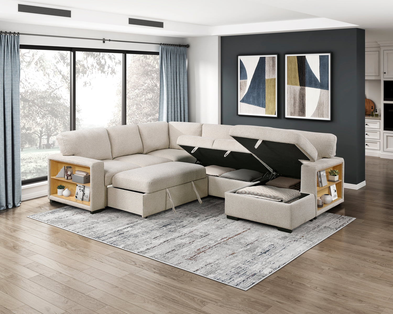 9630BE*42LRC (4)Sectional with Right Chaise, Pull-out Bed and Hidden Storages, Charging Ports - 9630BE*42LRC