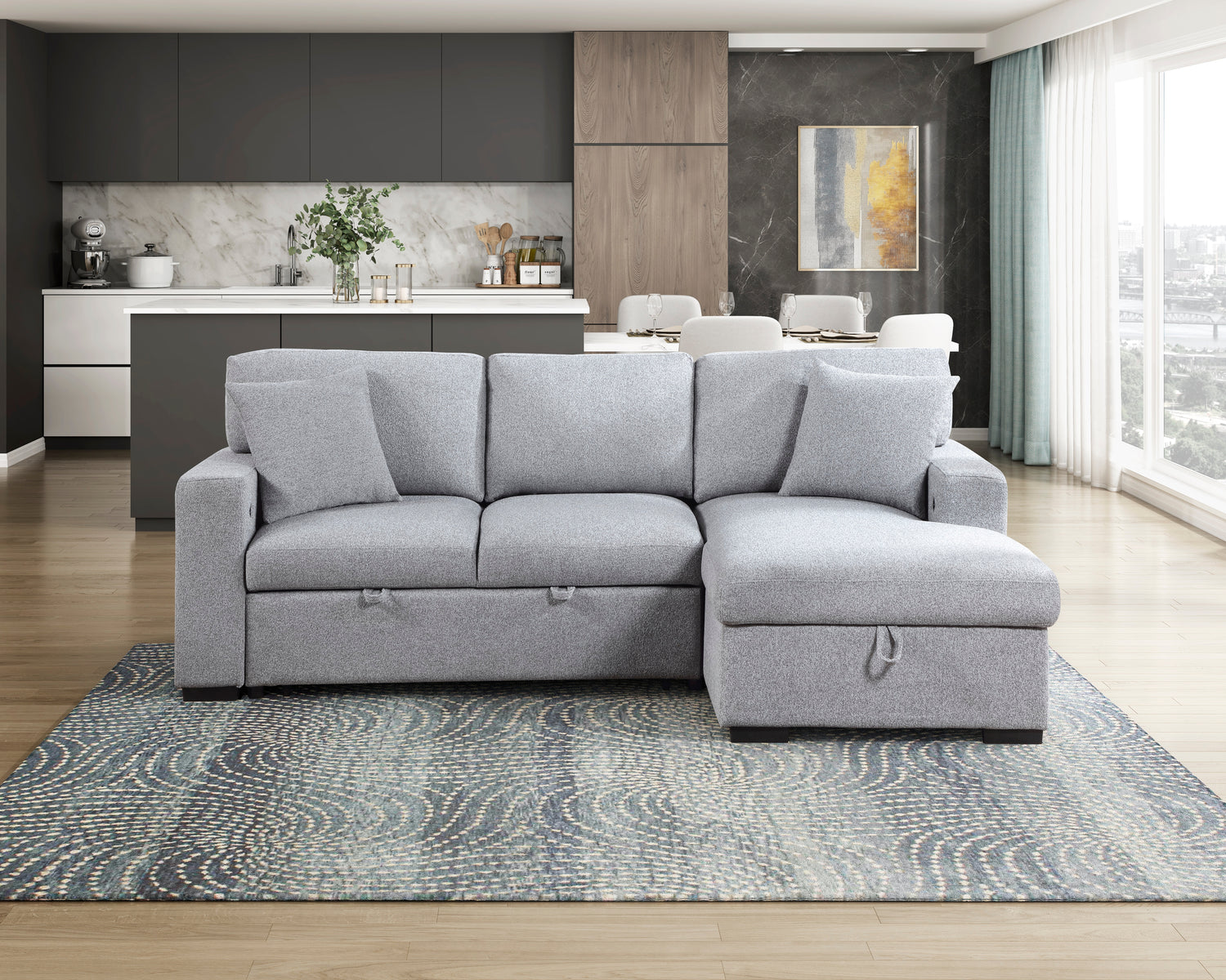 9630GY*22LRC (2)Sectional with Right Chaise, Pull-out Bed and Hidden Storage, Charging Ports - 9630GY*22LRC