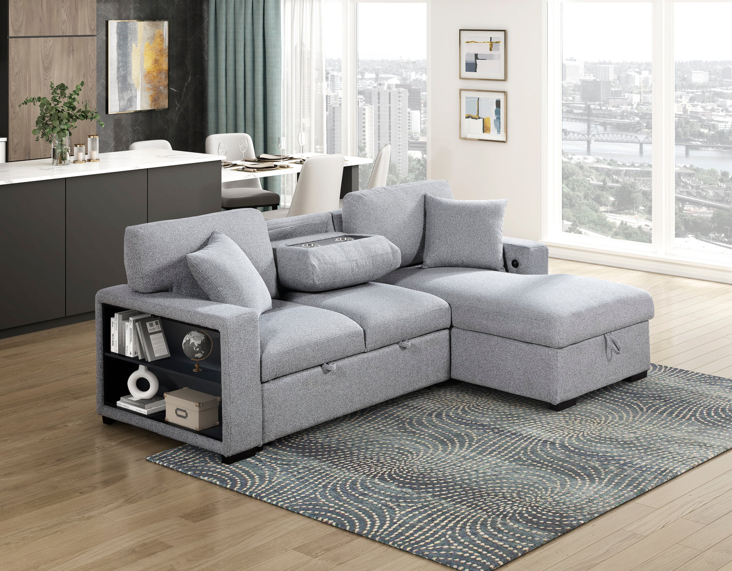 9630GY*22LRC (2)Sectional with Right Chaise, Pull-out Bed and Hidden Storage, Charging Ports - 9630GY*22LRC