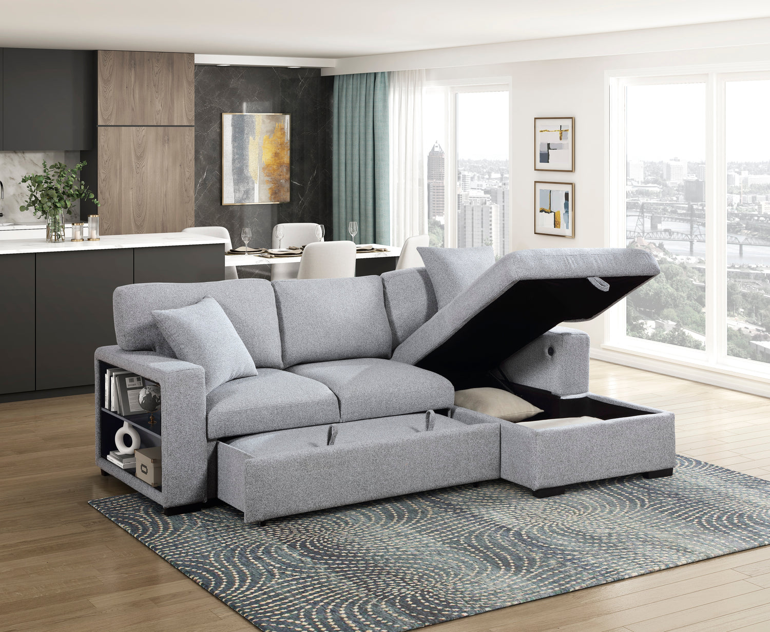 9630GY*22LRC (2)Sectional with Right Chaise, Pull-out Bed and Hidden Storage, Charging Ports - 9630GY*22LRC