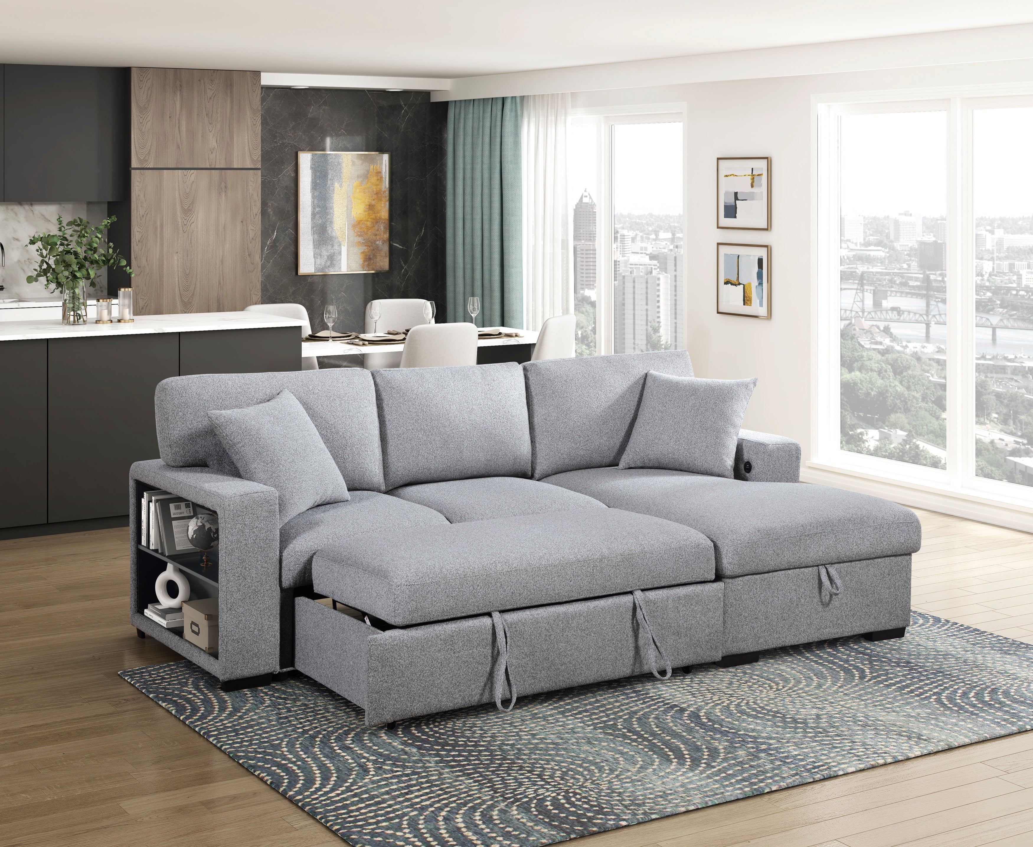 9630GY*22LRC (2)Sectional with Right Chaise, Pull-out Bed and Hidden Storage, Charging Ports - 9630GY*22LRC