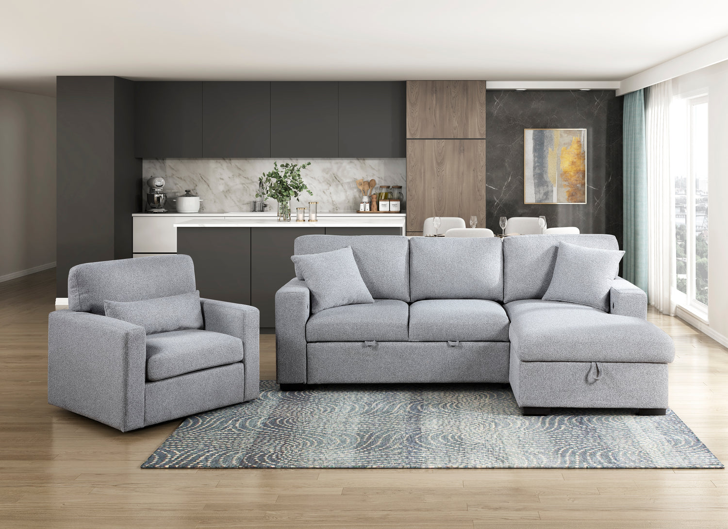 9630GY*22LRC (2)Sectional with Right Chaise, Pull-out Bed and Hidden Storage, Charging Ports - 9630GY*22LRC