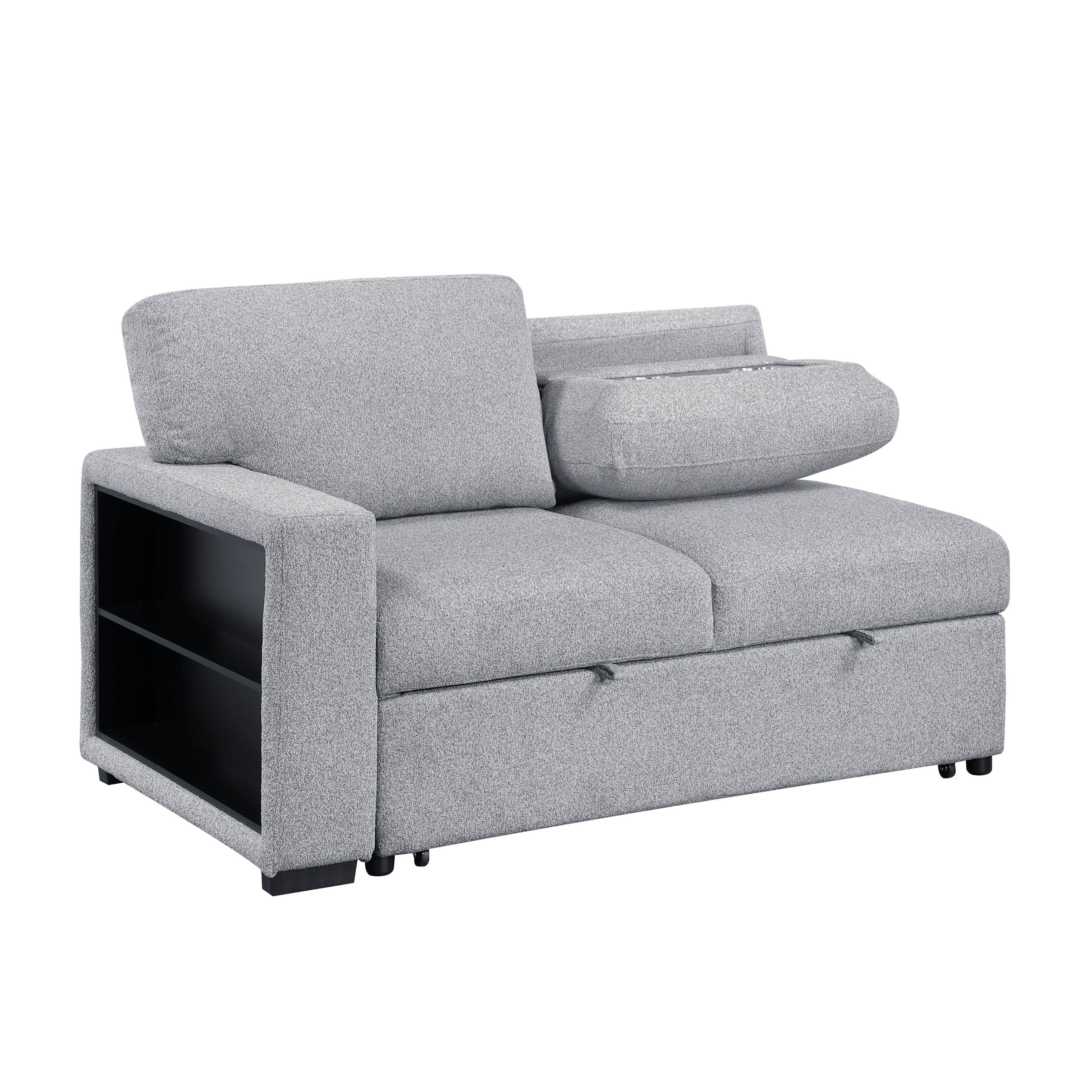 9630GY-2L Left Side 2-Seater with Pull-out Bed and Charging Ports, 2 Arms with Shelves - 9630GY-2L