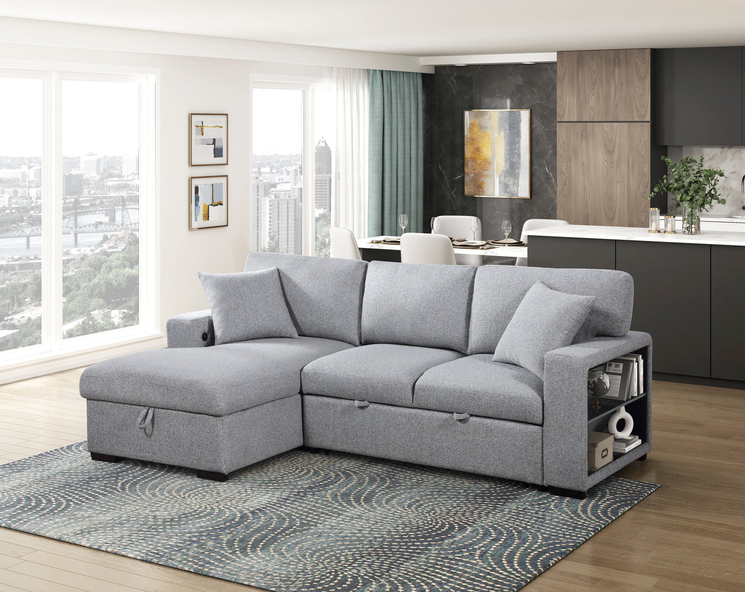 9630GY*2LC2R (2)Sectional with Left Chaise, Pull-out Bed and Hidden Storage, Charging Ports - 9630GY*2LC2R