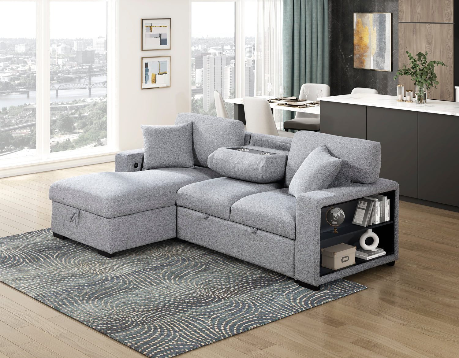 9630GY*2LC2R (2)Sectional with Left Chaise, Pull-out Bed and Hidden Storage, Charging Ports - 9630GY*2LC2R