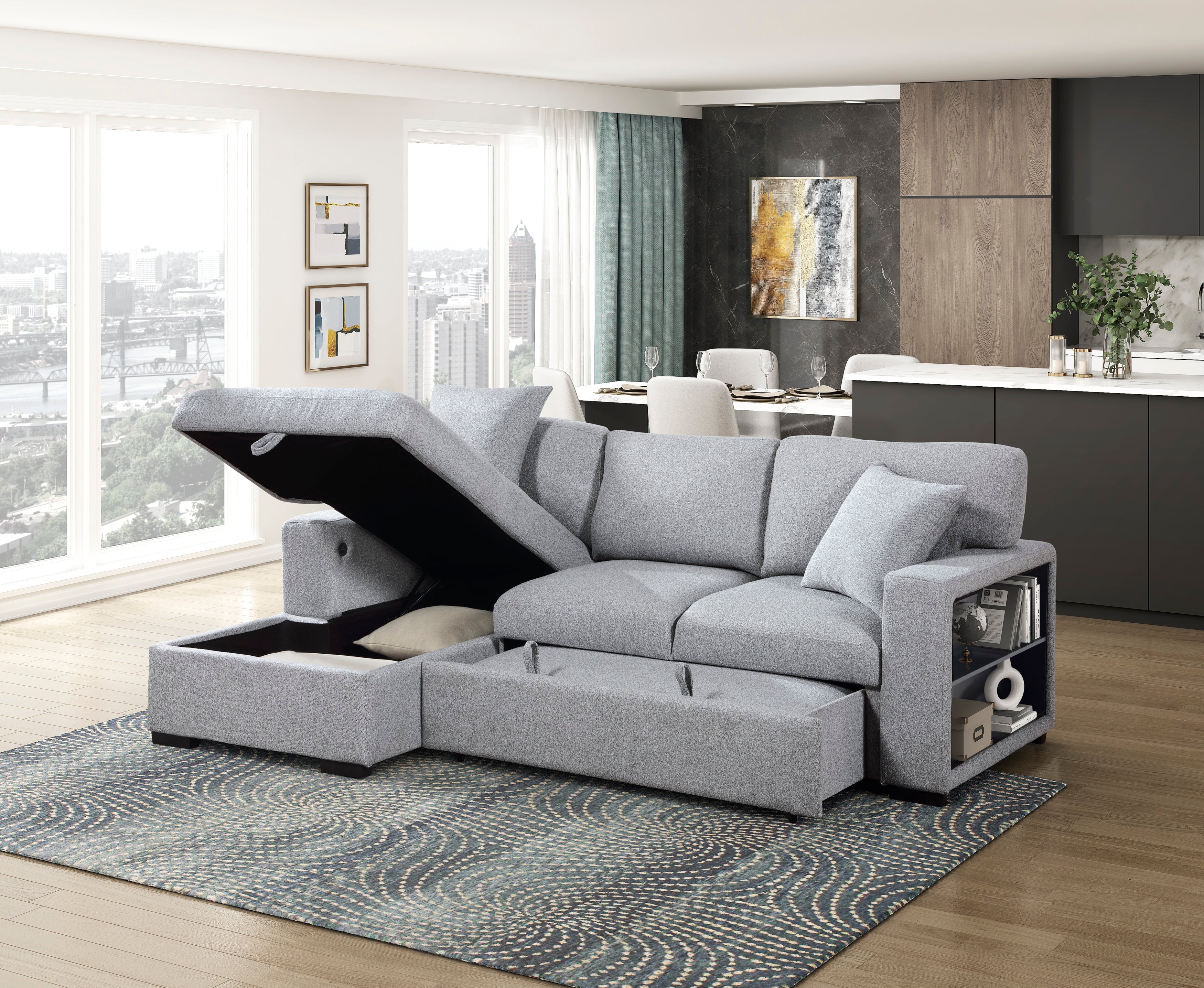 9630GY*2LC2R (2)Sectional with Left Chaise, Pull-out Bed and Hidden Storage, Charging Ports - 9630GY*2LC2R