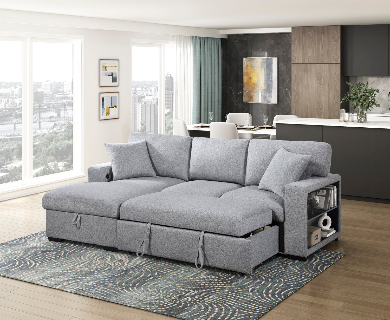 9630GY*2LC2R (2)Sectional with Left Chaise, Pull-out Bed and Hidden Storage, Charging Ports - 9630GY*2LC2R