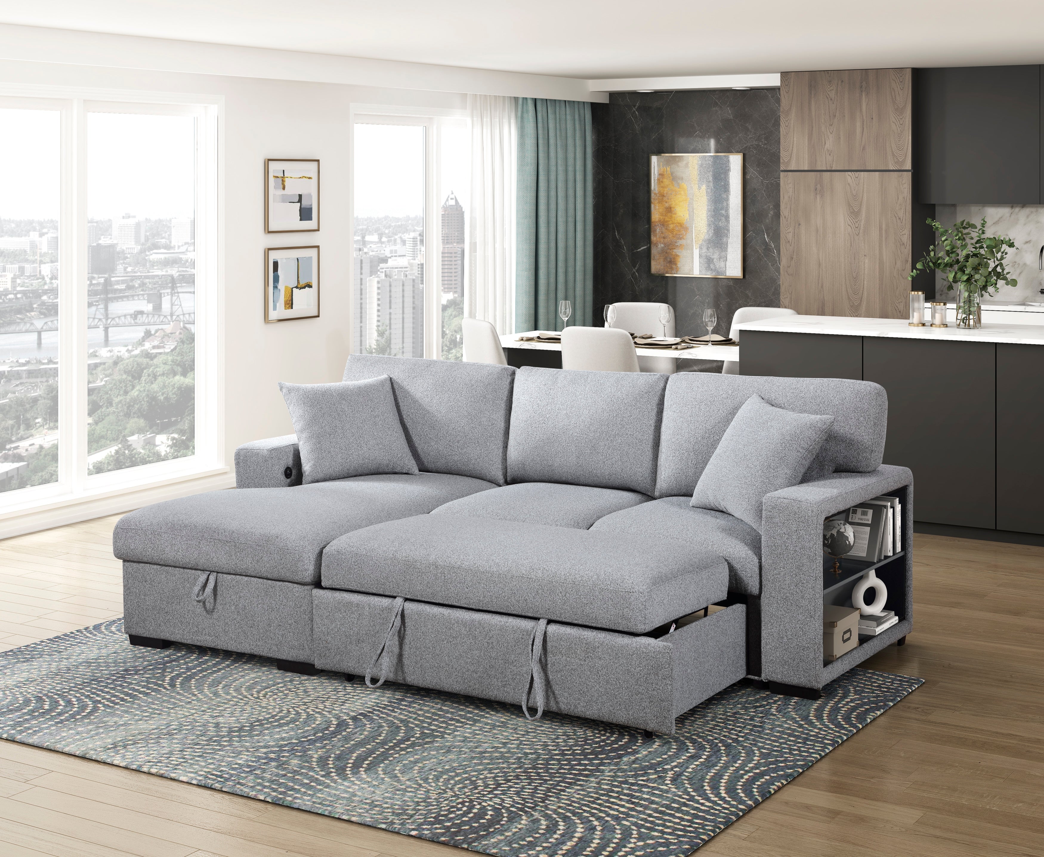 9630GY*2LC2R (2)Sectional with Left Chaise, Pull-out Bed and Hidden Storage, Charging Ports - 9630GY*2LC2R