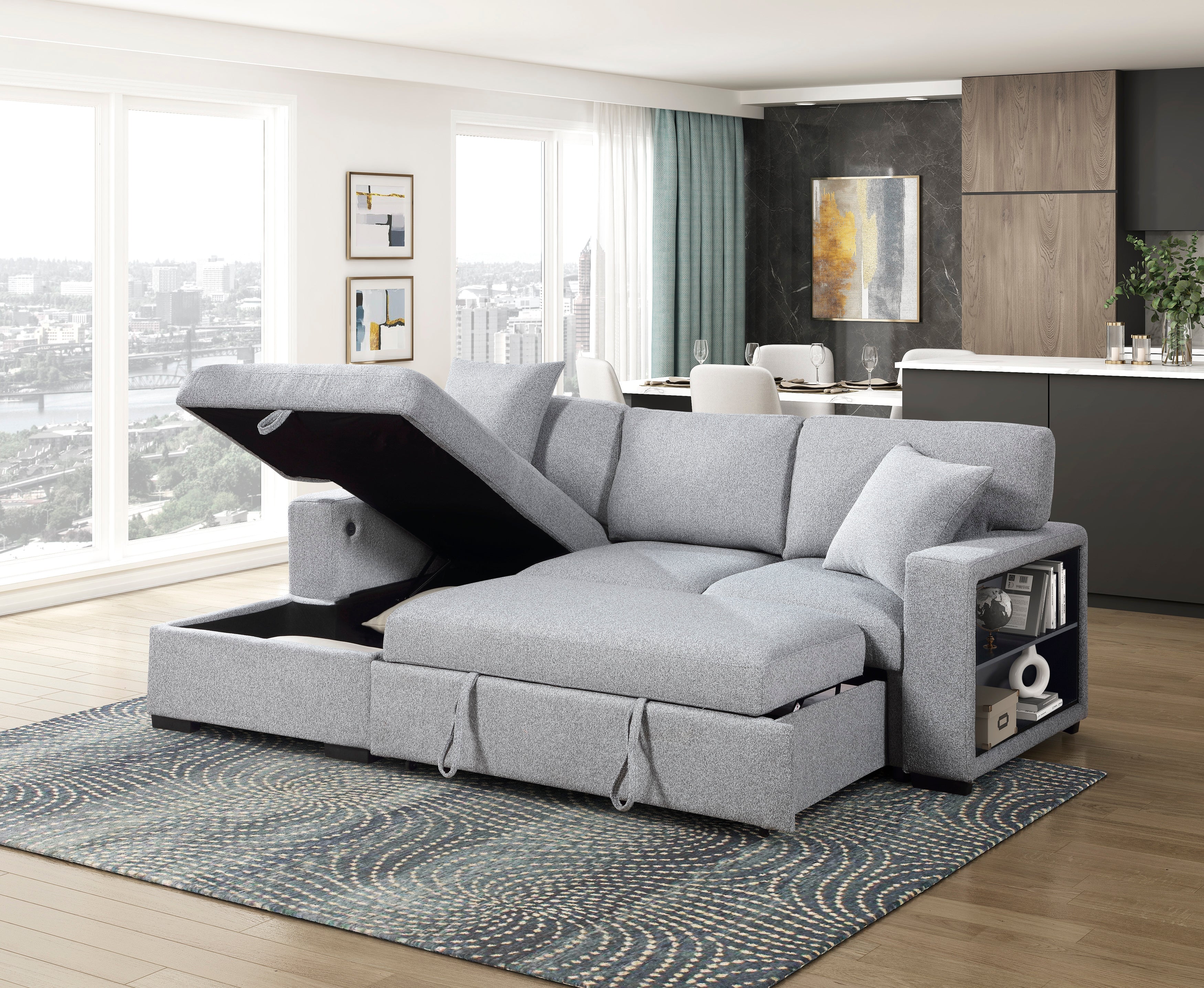 9630GY*2LC2R (2)Sectional with Left Chaise, Pull-out Bed and Hidden Storage, Charging Ports - 9630GY*2LC2R