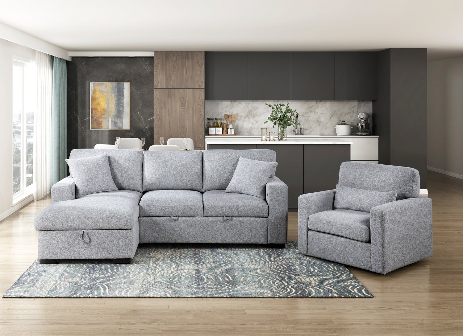 9630GY*2LC2R (2)Sectional with Left Chaise, Pull-out Bed and Hidden Storage, Charging Ports - 9630GY*2LC2R