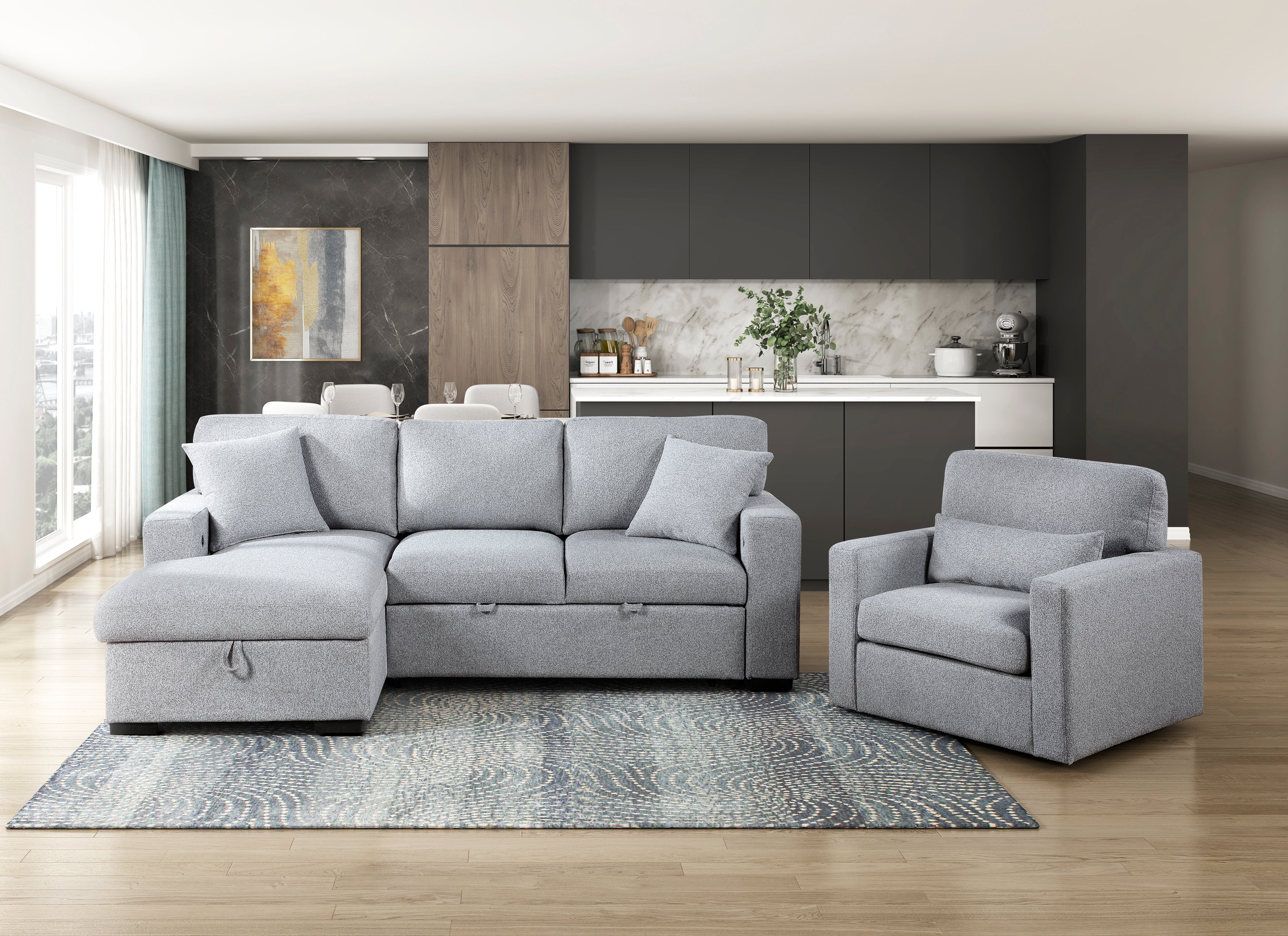 9630GY*2LC2R (2)Sectional with Left Chaise, Pull-out Bed and Hidden Storage, Charging Ports - 9630GY*2LC2R