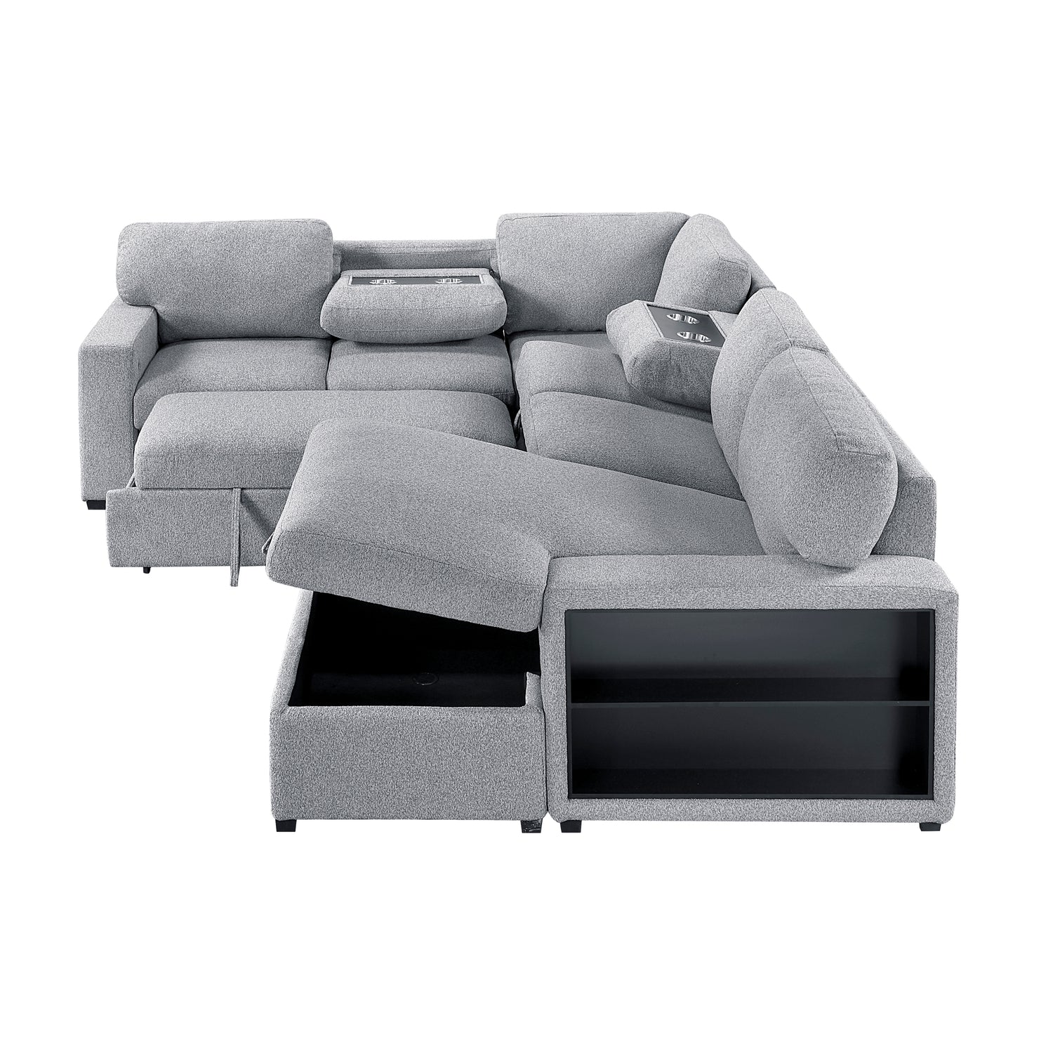 9630GY*42LRC (4)Sectional with Right Chaise, Pull-out Bed and Hidden Storages, Charging Ports - 9630GY*42LRC