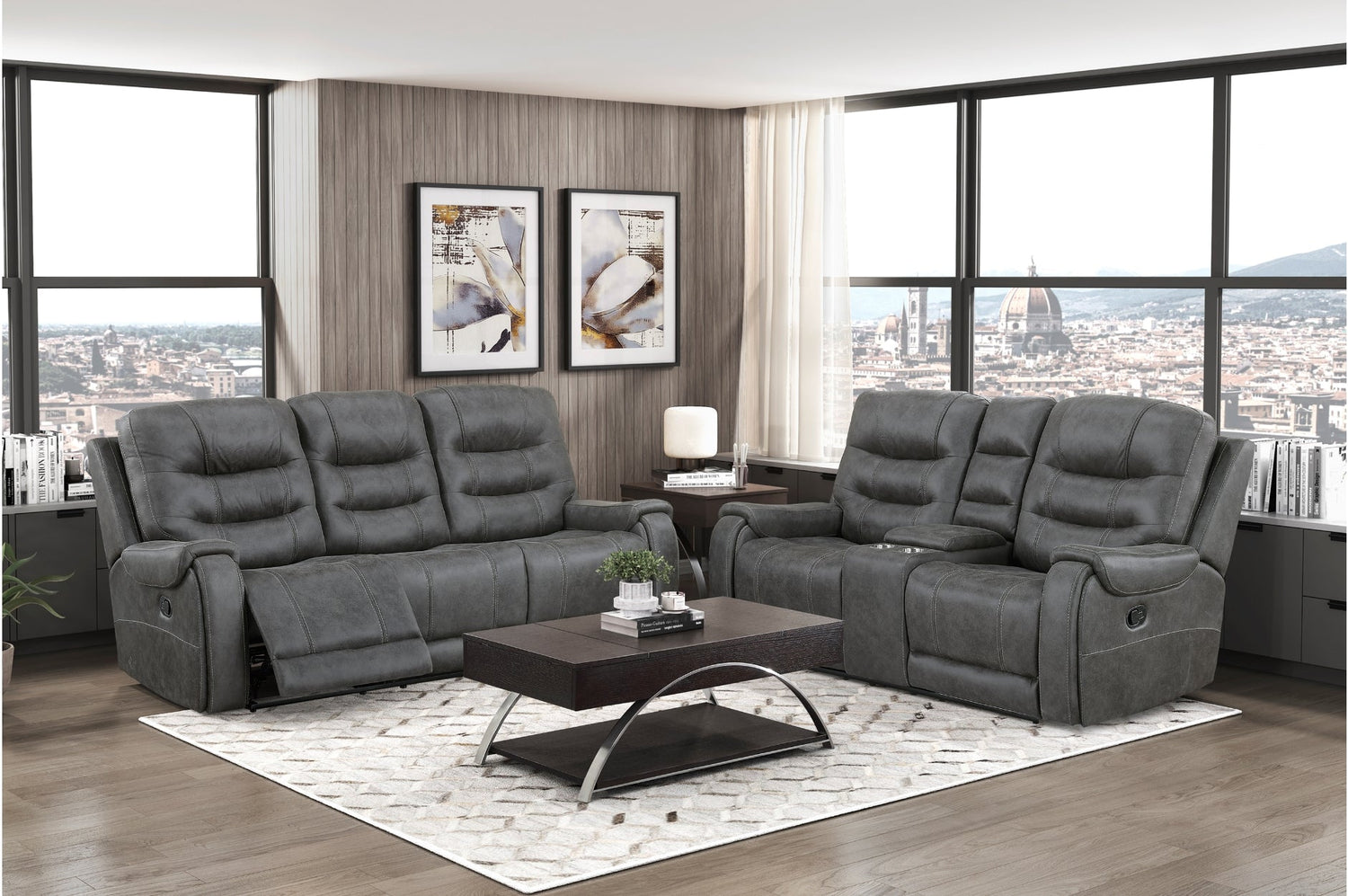 Oberon Dark Gray Double Reclining Living Room Set from Homelegance - Luna Furniture